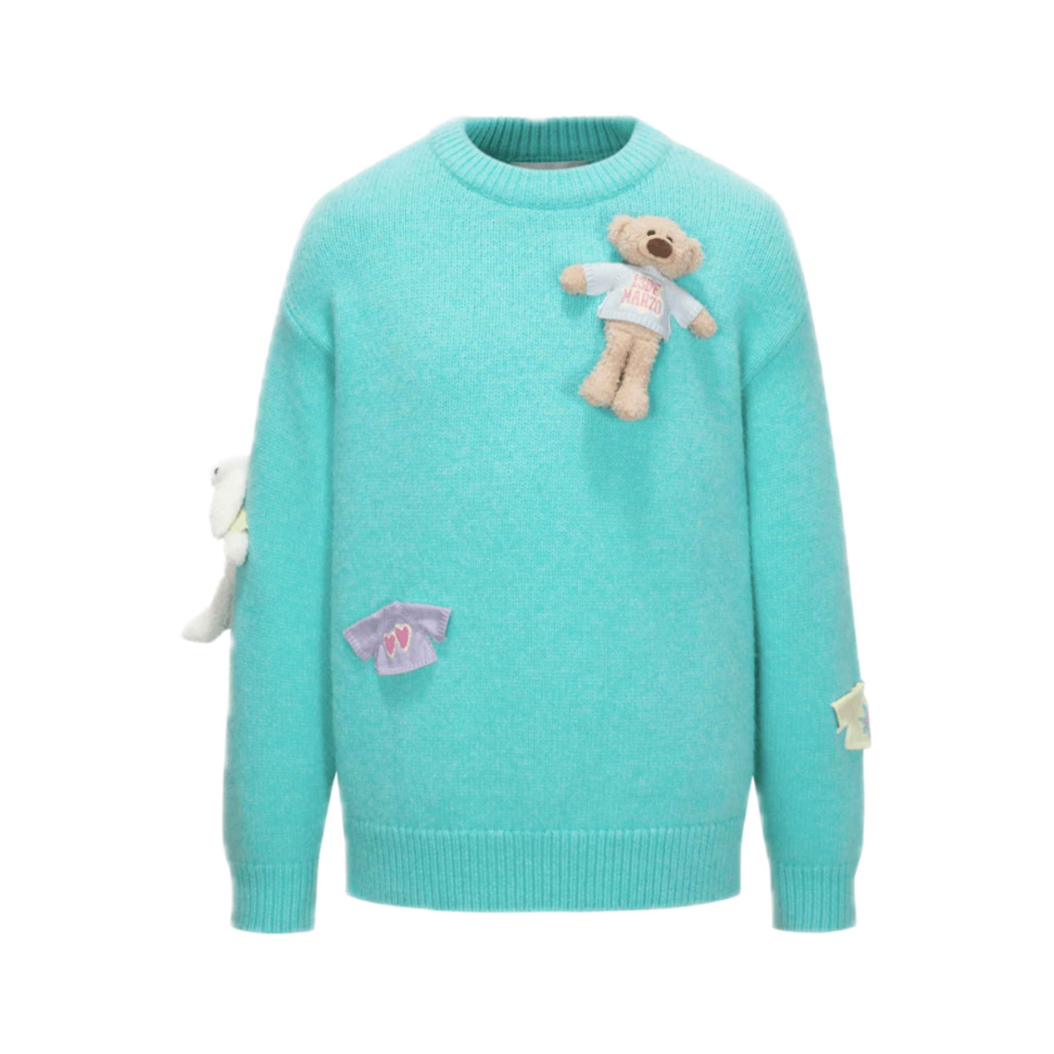 13DE MARZO Bear Sweater Pullover Round Neck Sweater in Green | MADAX