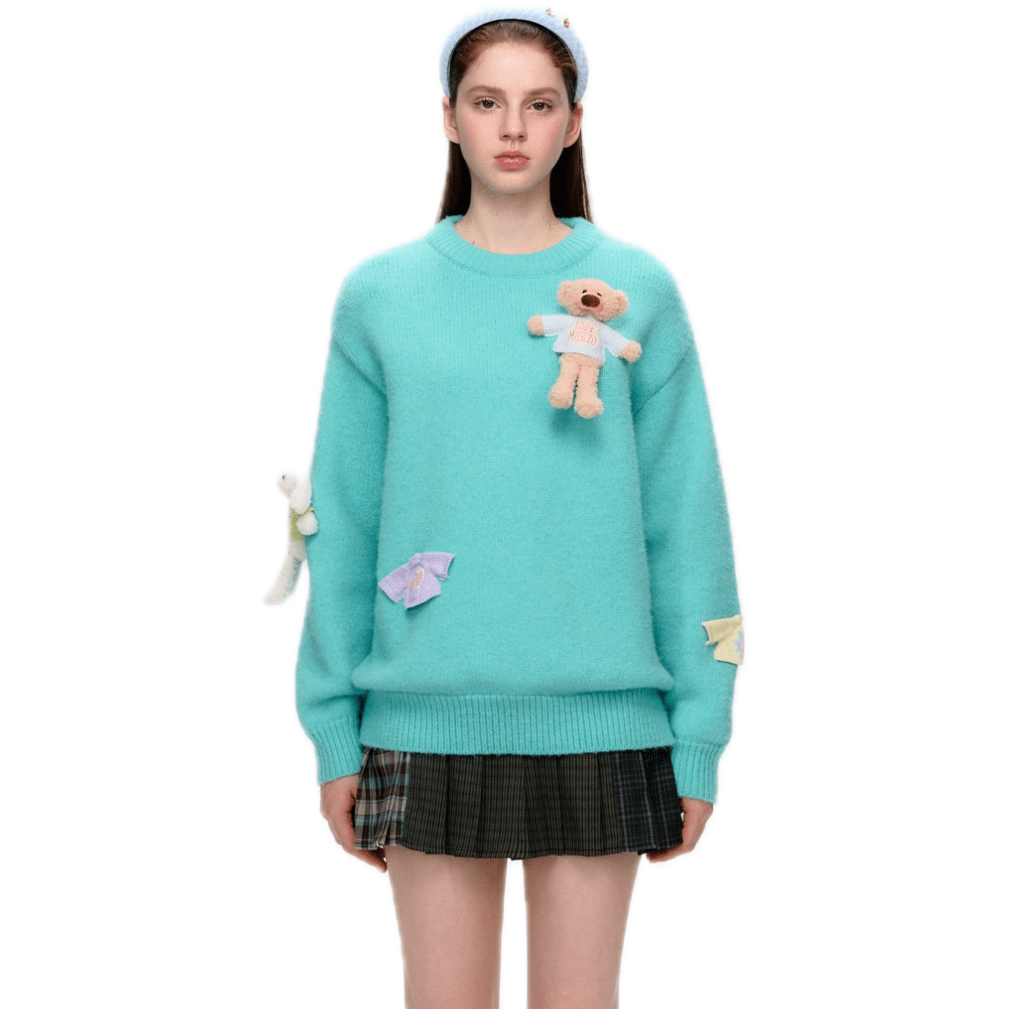 13DE MARZO Bear Sweater Pullover Round Neck Sweater in Green | MADAX