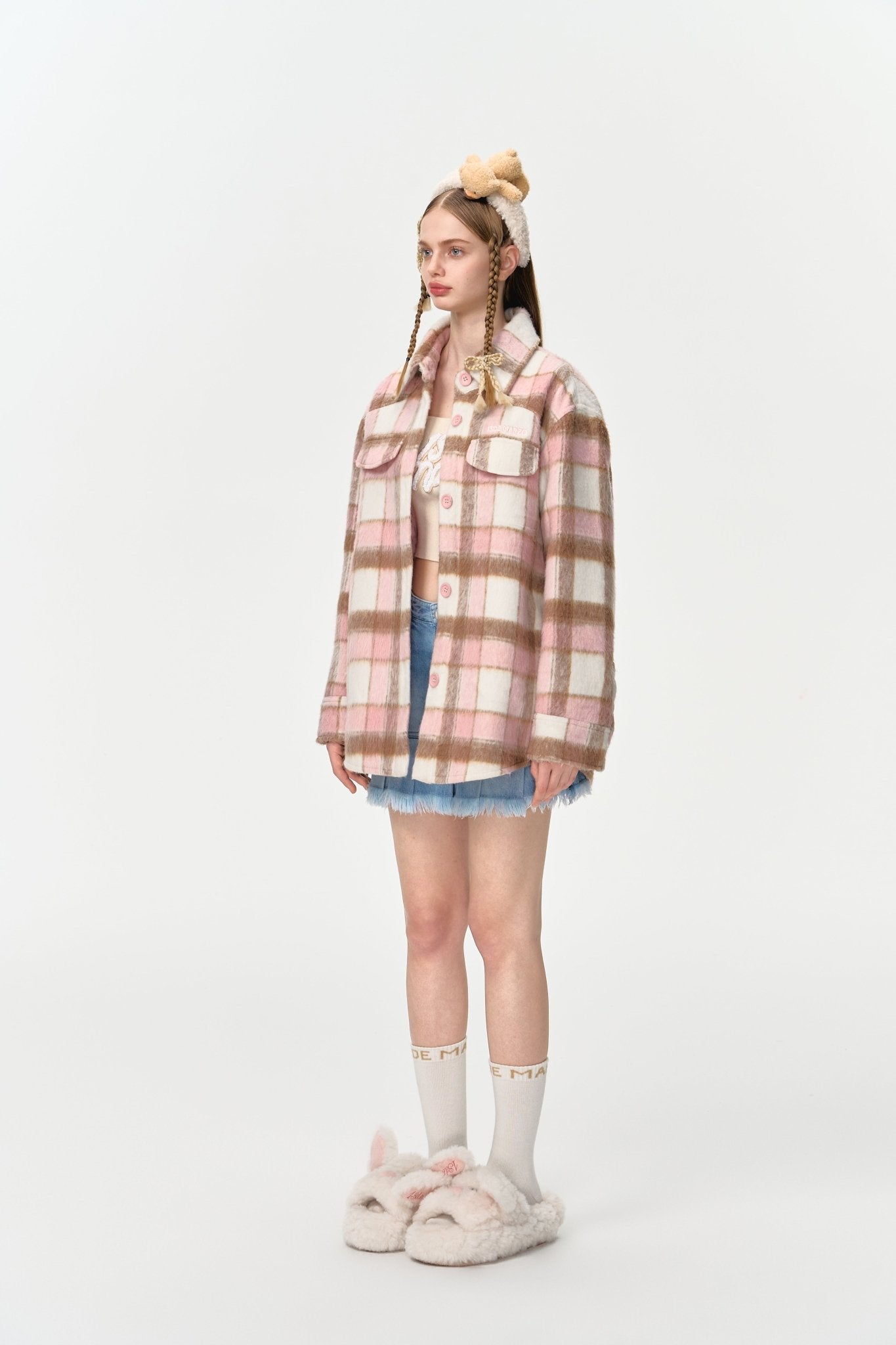 13DE MARZO Bear Tweed Plaid Shirt In Pink | MADAX