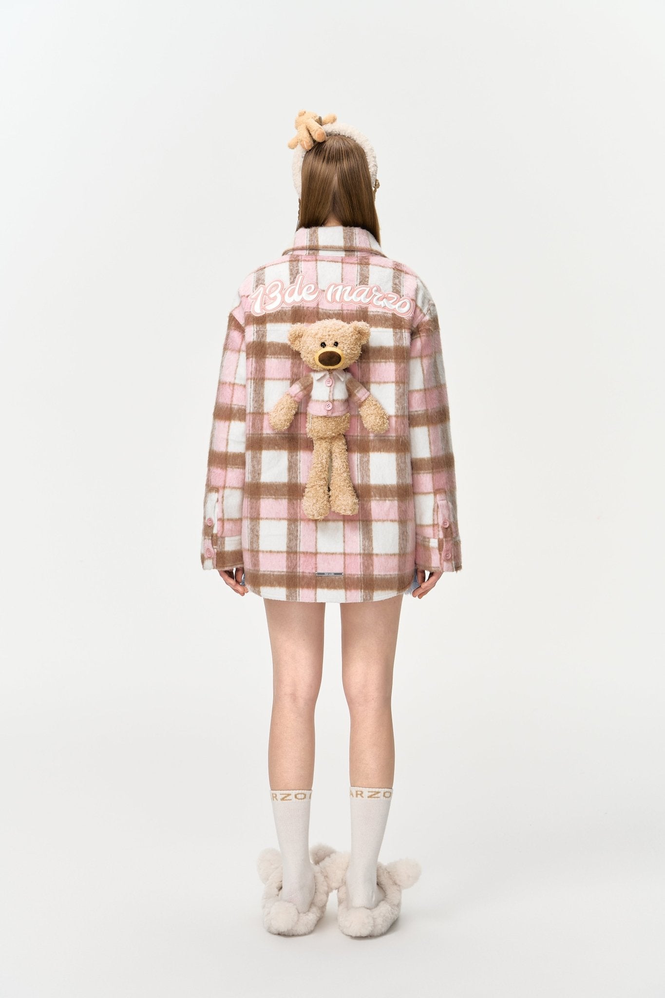 13DE MARZO Bear Tweed Plaid Shirt In Pink | MADAX