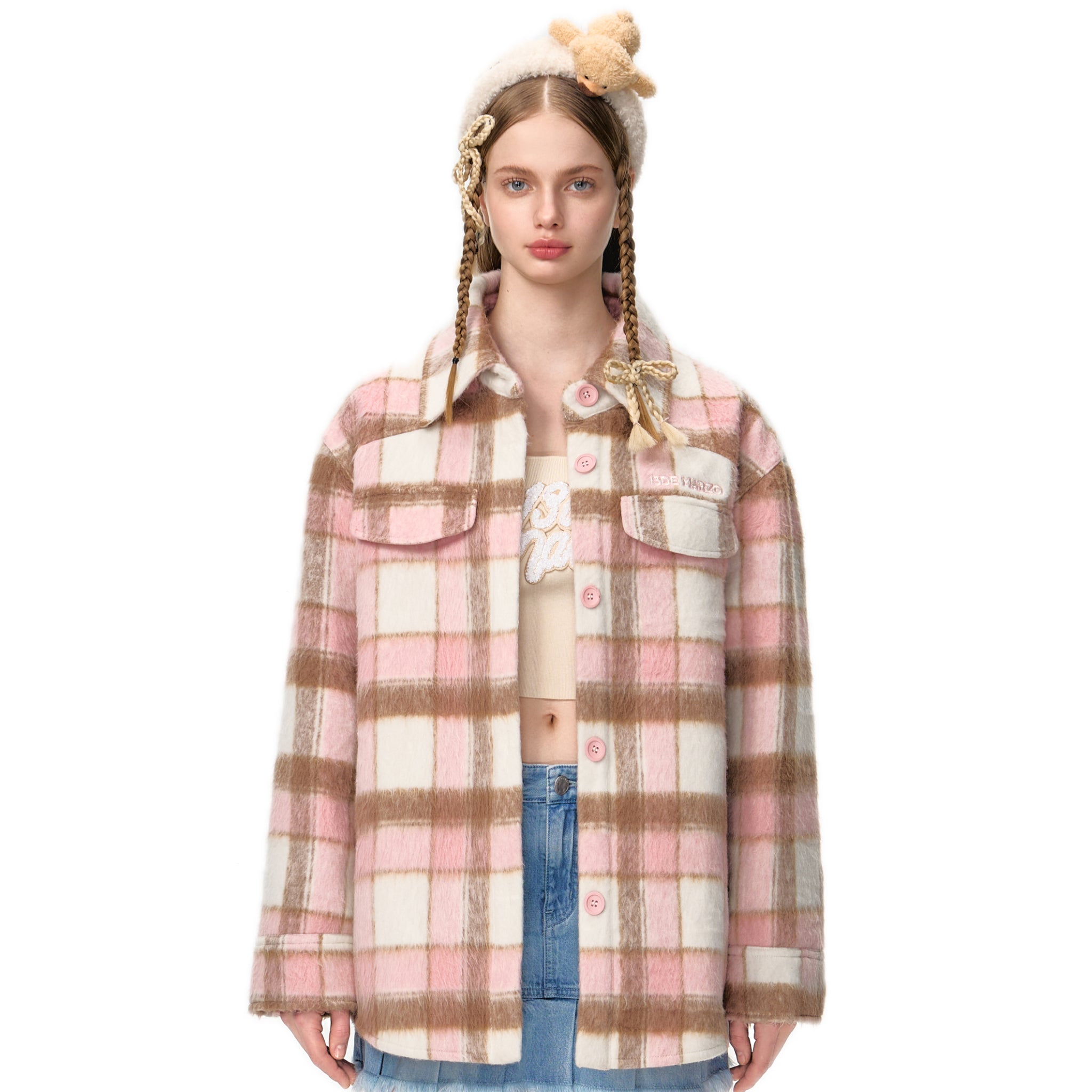 13DE MARZO Bear Tweed Plaid Shirt In Pink | MADAX