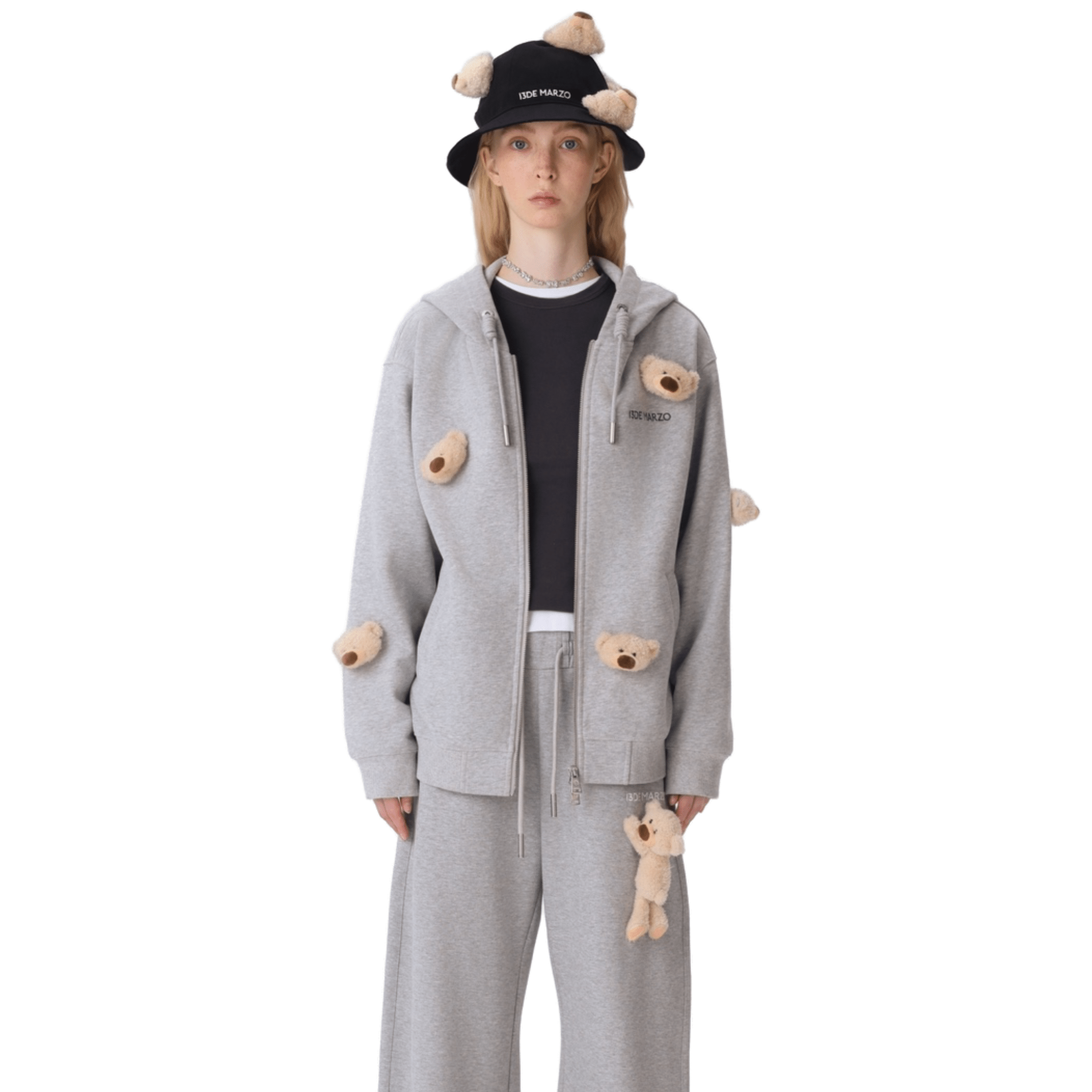13DE MARZO Bear Zipper Hoodie in Gray | MADAX