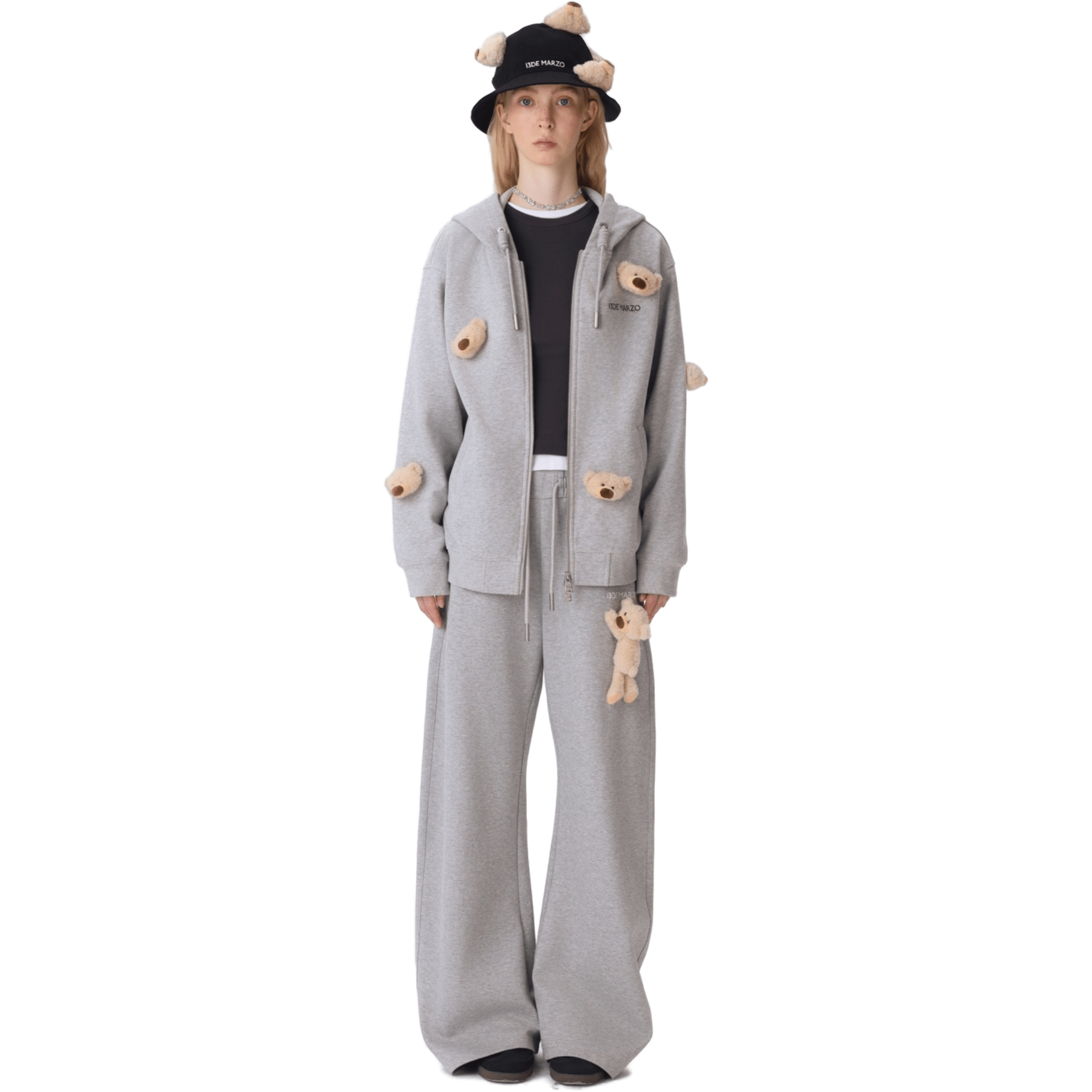 13DE MARZO Bear Zipper Hoodie in Gray | MADAX