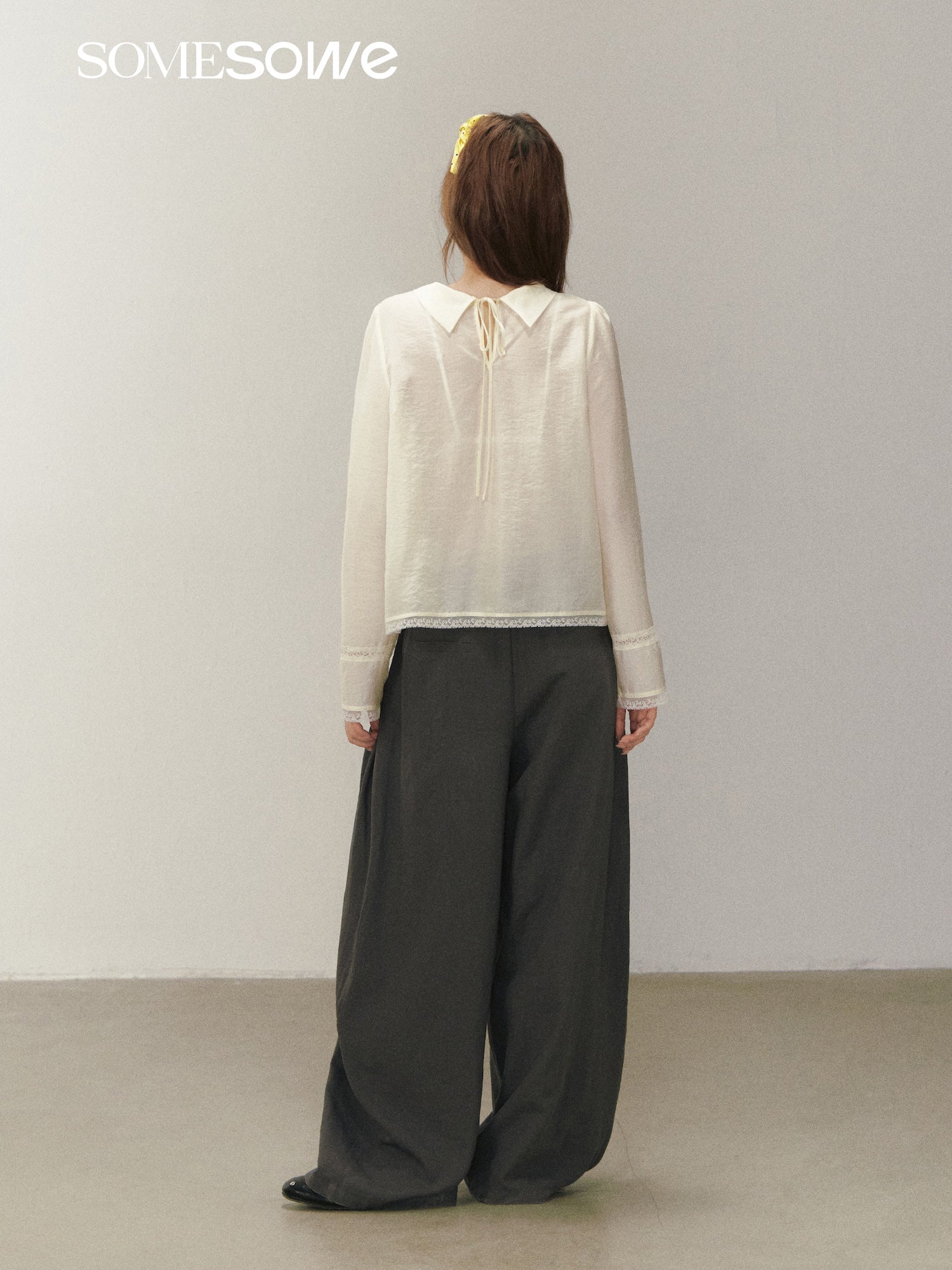 SOMESOWE Beige Blouse with Puff Sleeves and A Round Collar | MADAX