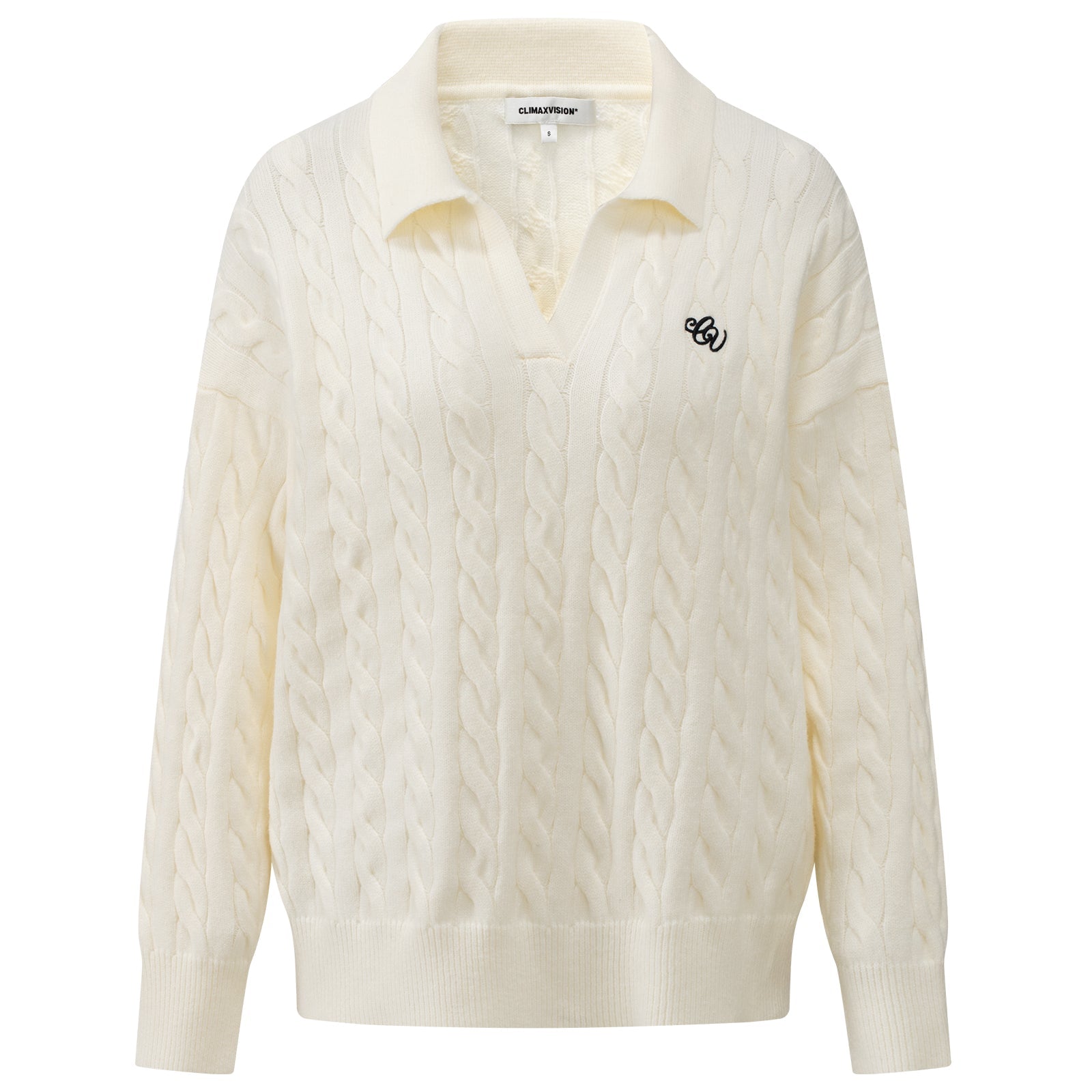 CLIMAX VISION Beige Cable Knit Set Polo Collar Embroidered Soft Knit Sweater | MADAX
