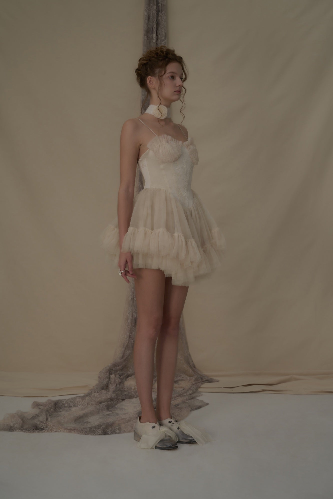 beige mesh dress Beige Embellished Mesh Fitted Midi Dress With Sheer Panels