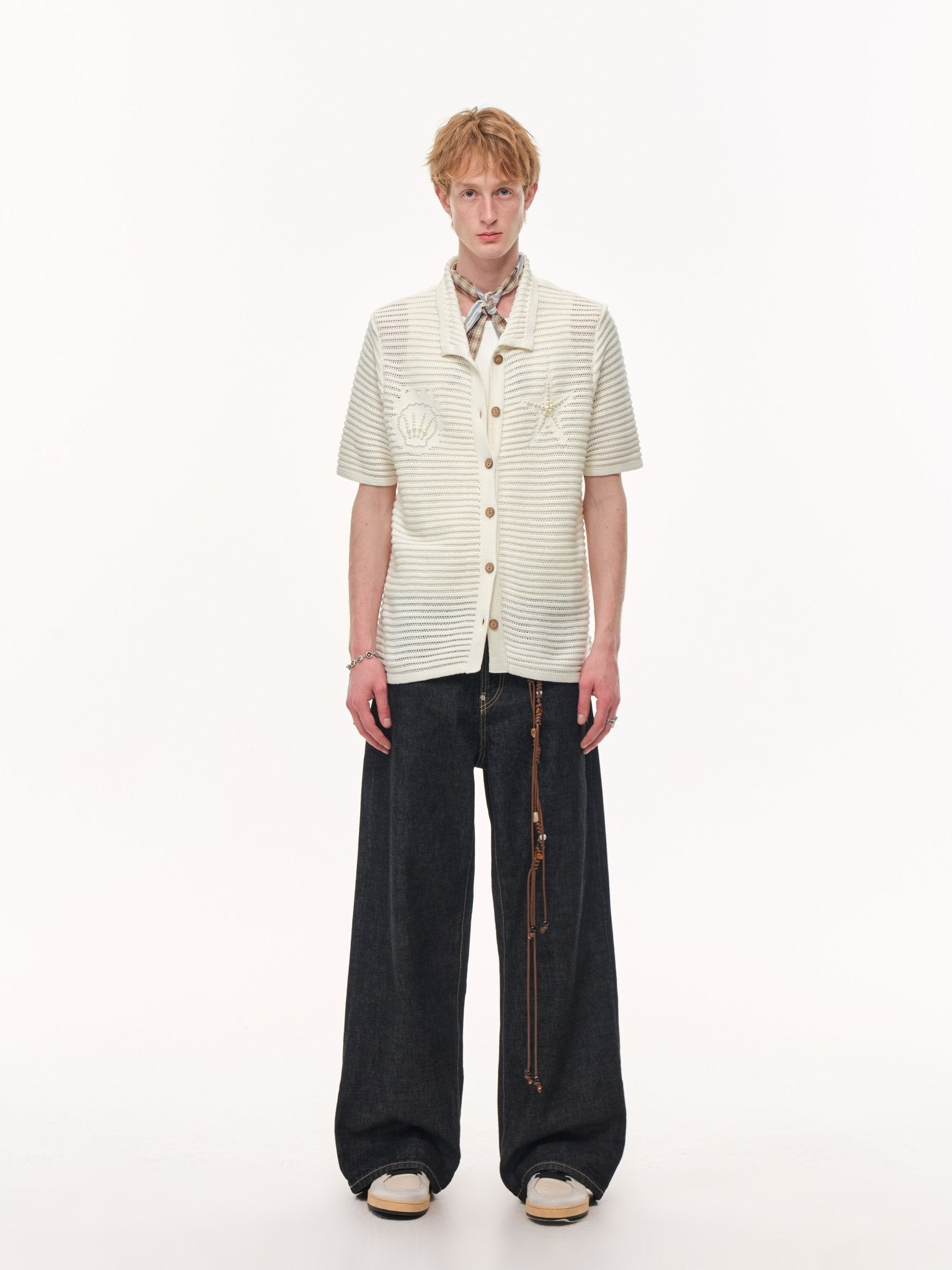 CLIMAX VISION Beige Resort Seashell Beaded Hollow - Out Shirt | MADAX