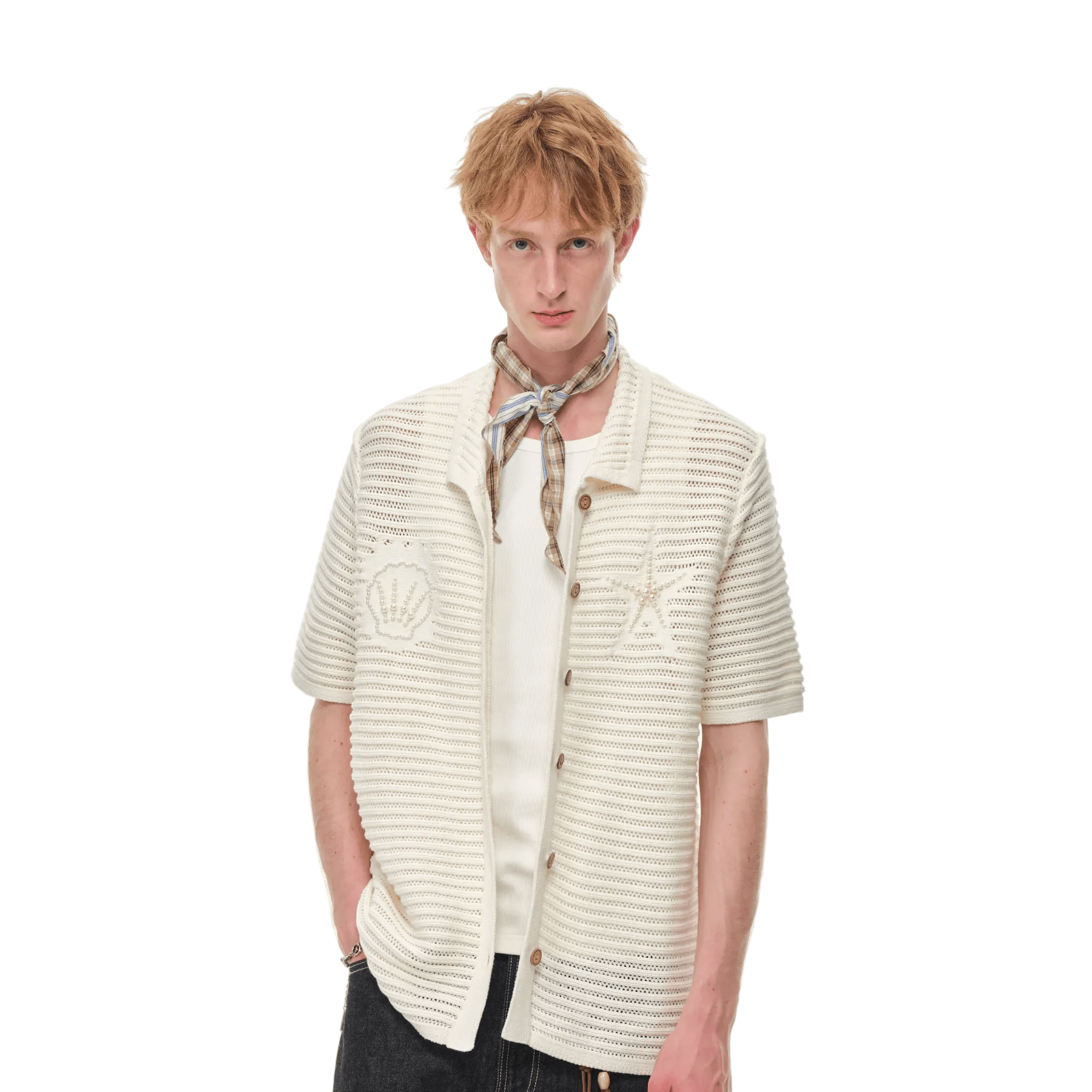 CLIMAX VISION Beige Resort Seashell Beaded Hollow - Out Shirt | MADAX