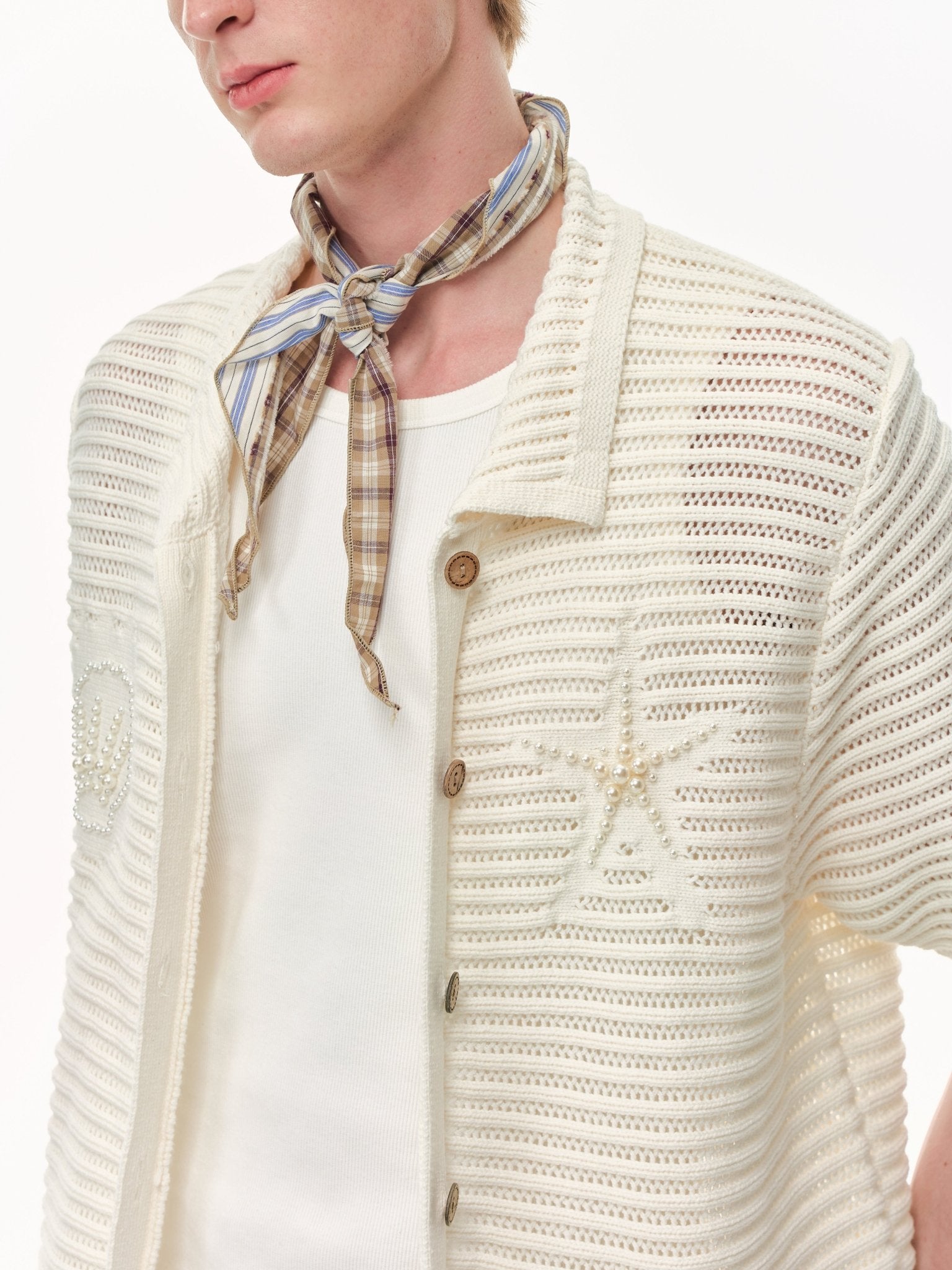 CLIMAX VISION Beige Resort Seashell Beaded Hollow - Out Shirt | MADAX