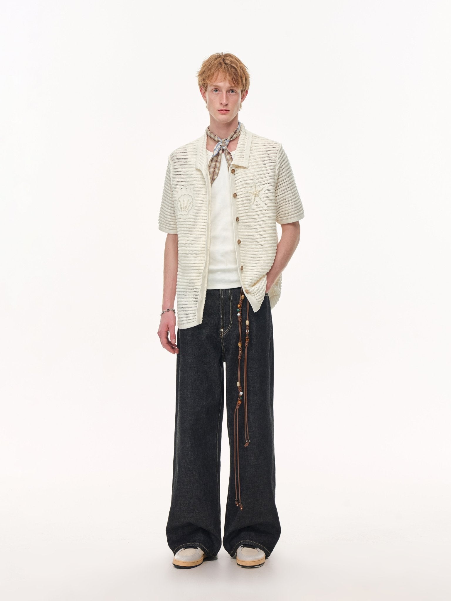 CLIMAX VISION Beige Resort Seashell Beaded Hollow - Out Shirt | MADAX