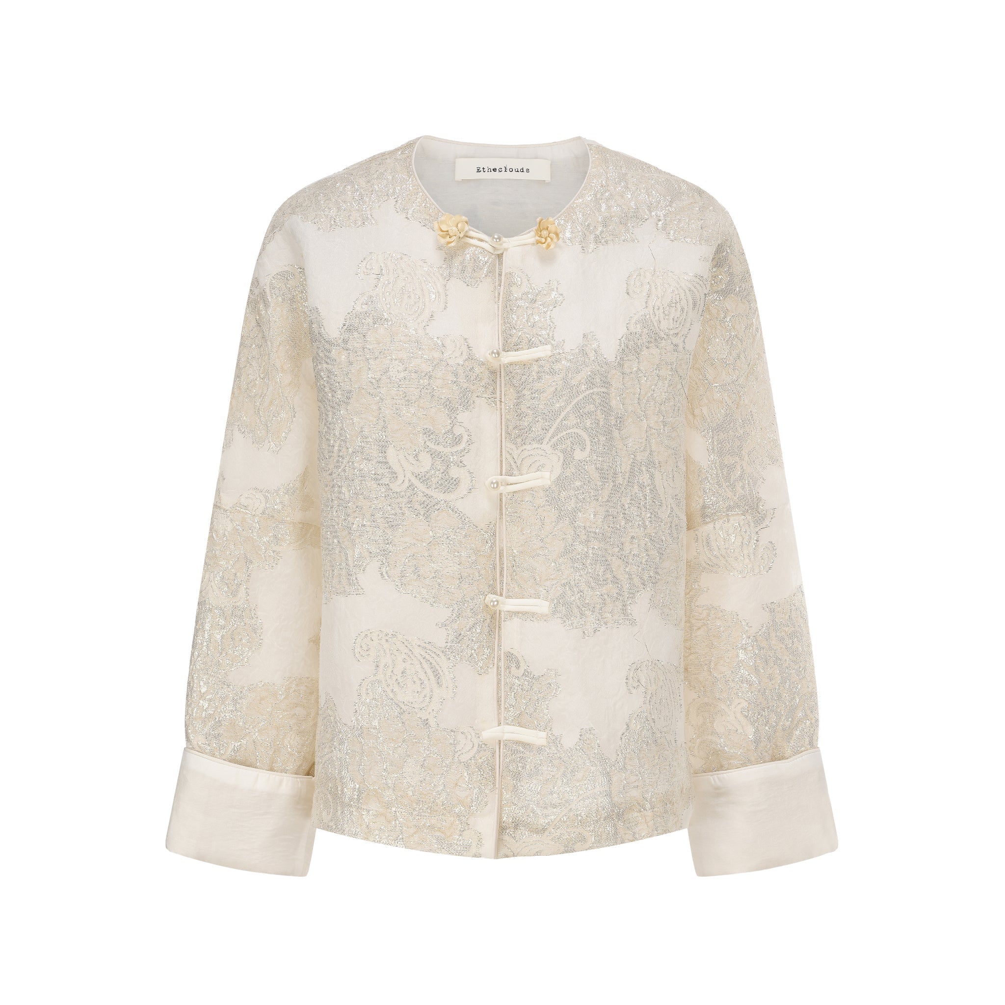 EtheClouds Beige Round Neck Gold Embroidered Buttoned Blouse | MADA IN CHINA