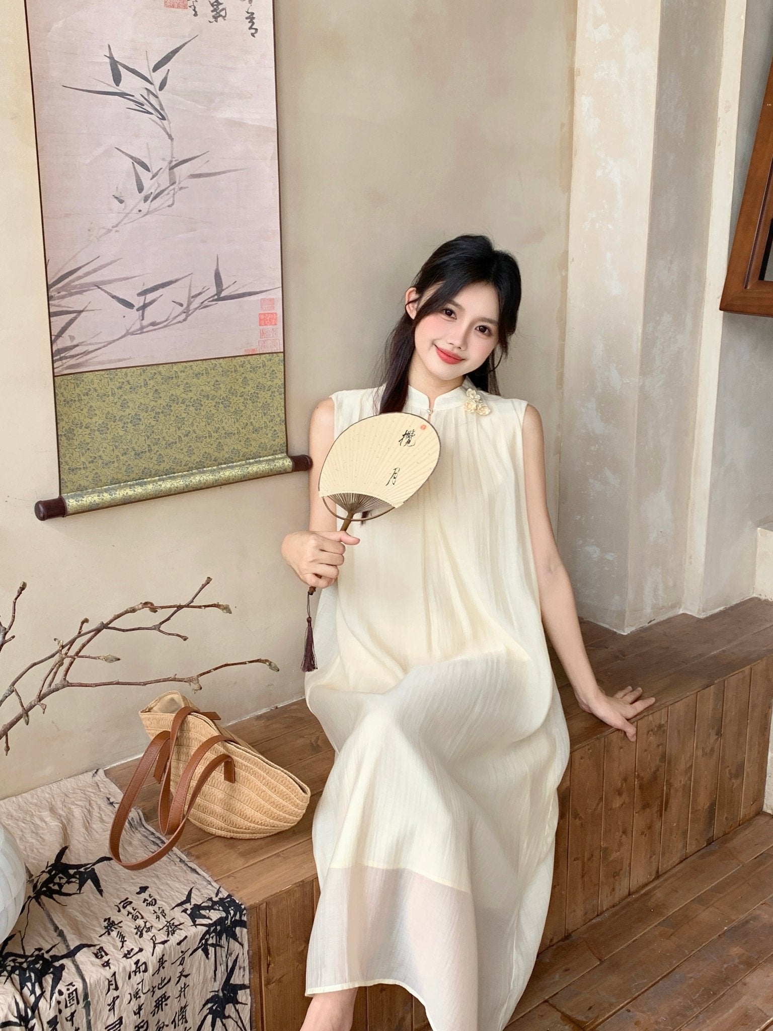 EtheClouds Beige Stand Collar Vest Dress | MADA IN CHINA