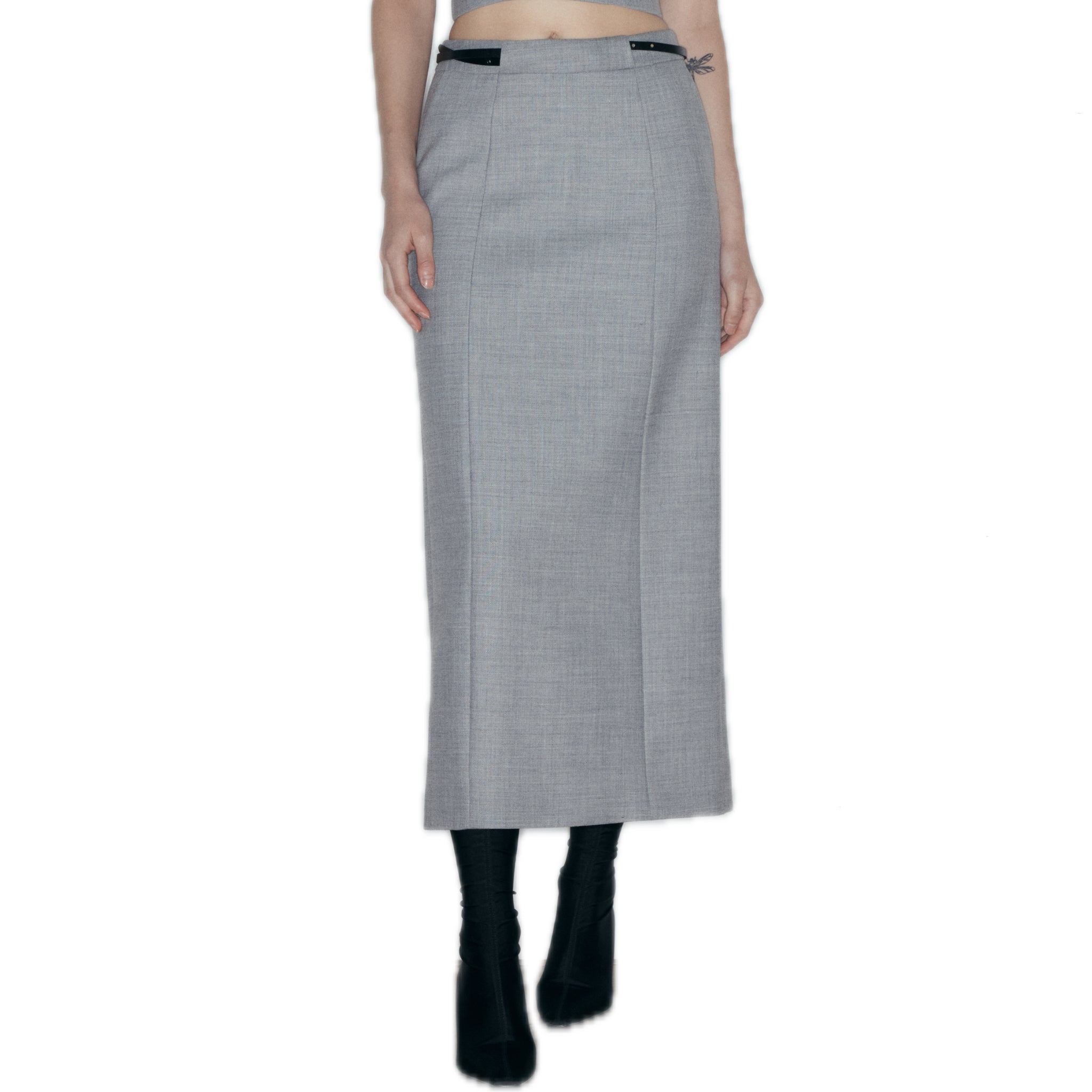 NECESSARY ANANKE Belted Wool Blend Mid - Length Skirt In Gray | MADAX