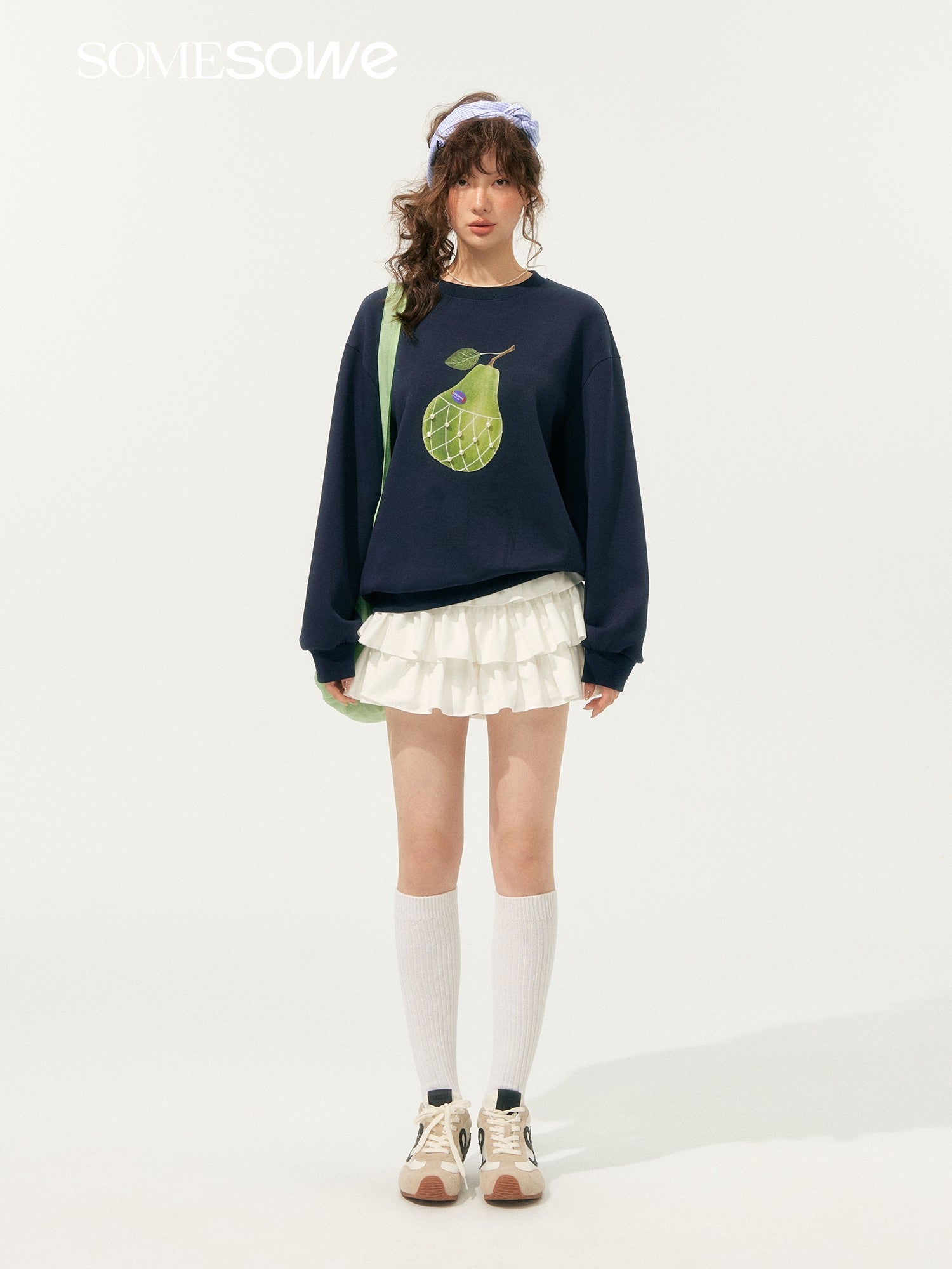 SOMESOWE Big Pear Round Neck Sweatshirt In Navy Blue | MADAX