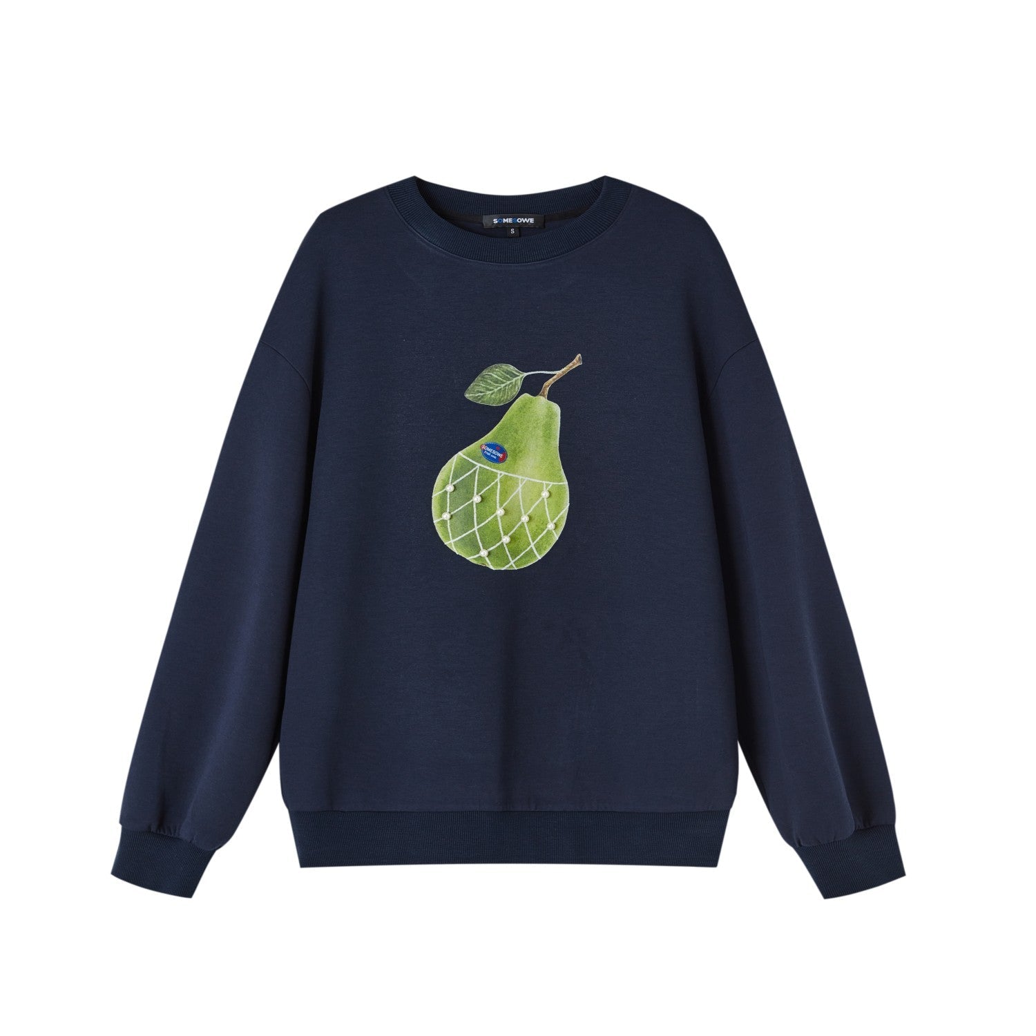 SOMESOWE Big Pear Round Neck Sweatshirt In Navy Blue | MADAX