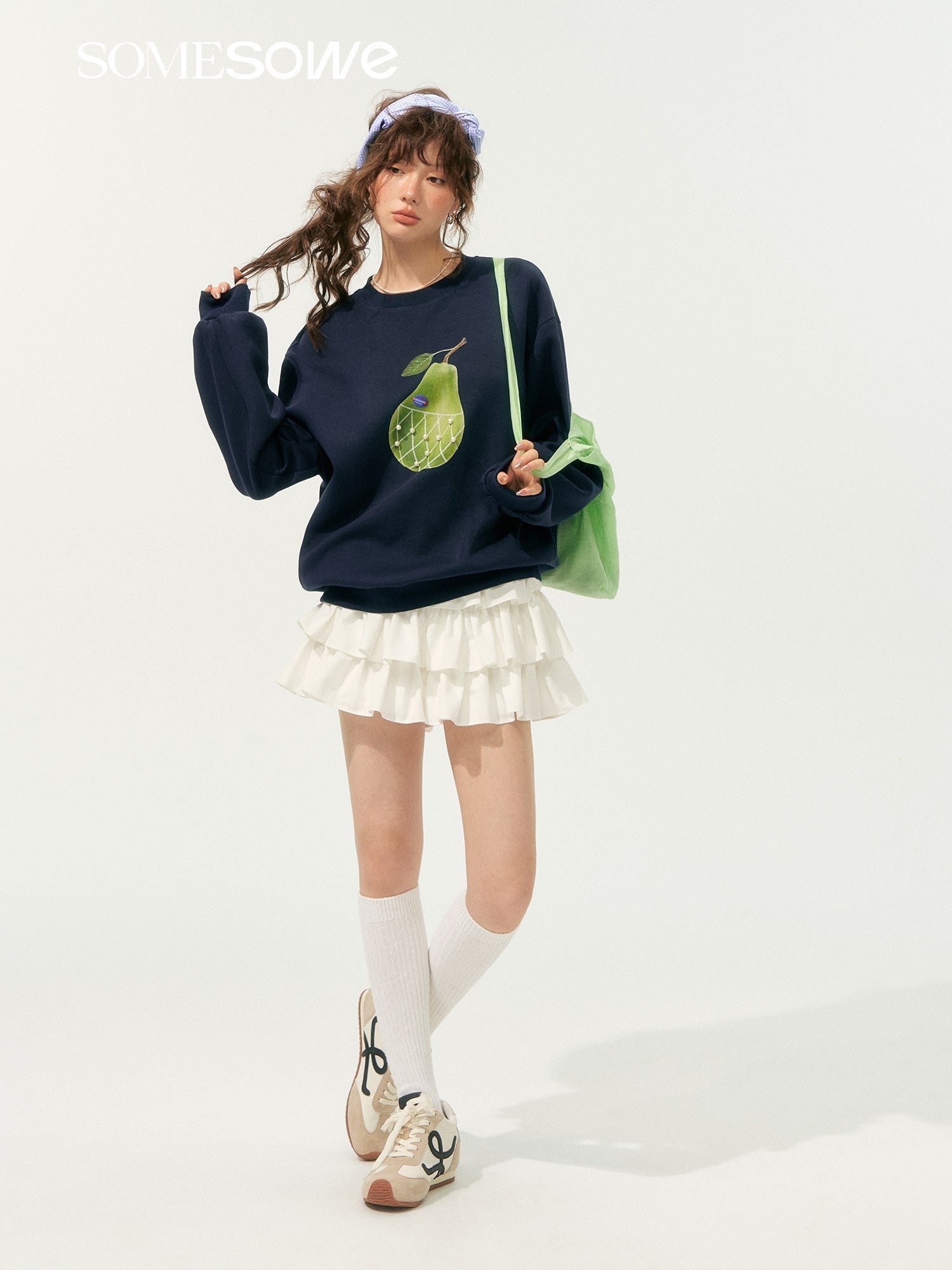 SOMESOWE Big Pear Round Neck Sweatshirt In Navy Blue | MADAX