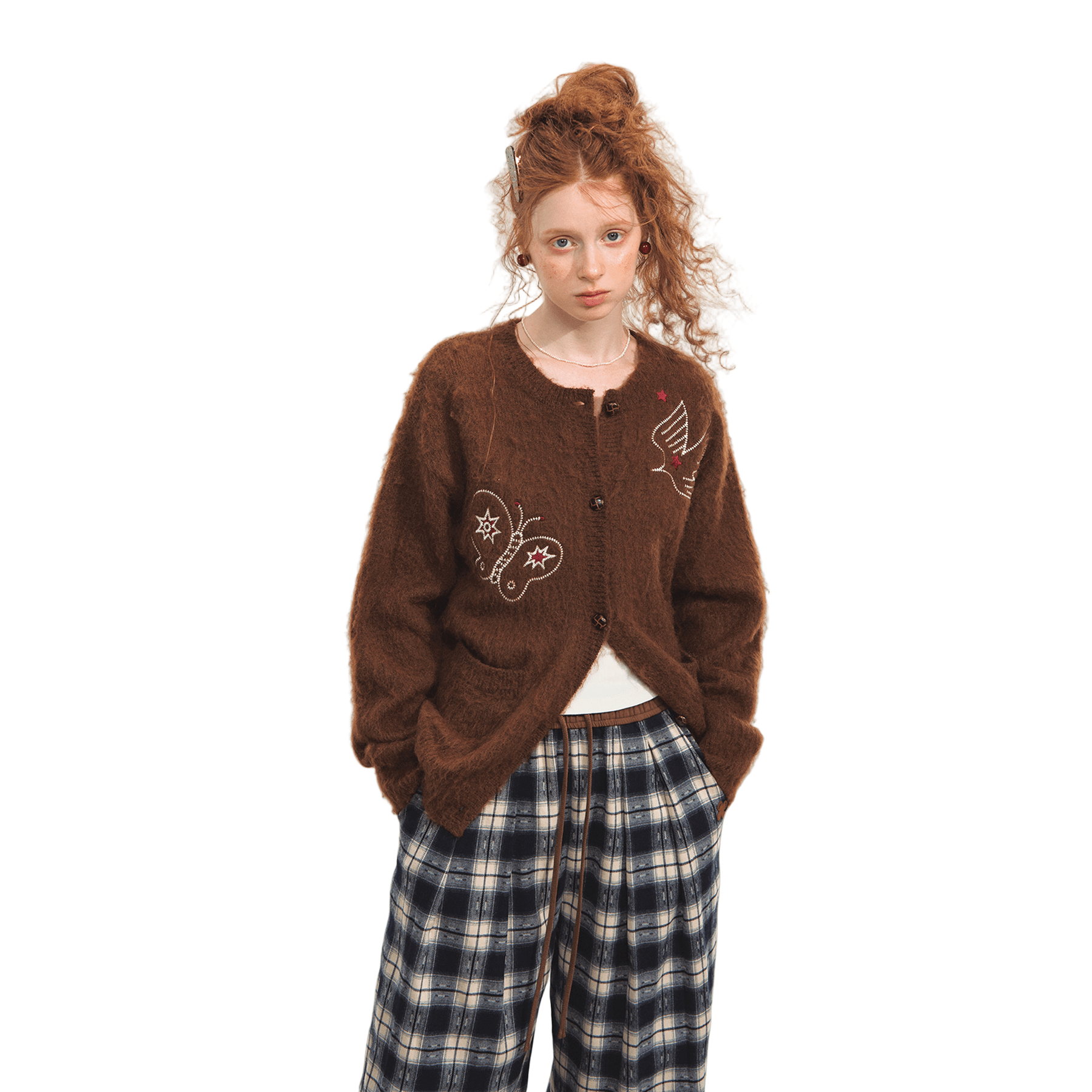 SOMESOWE Birds and Butterflies Cardigan Sweater In Brown | MADAX