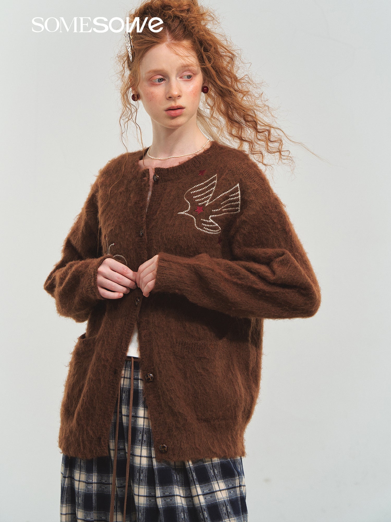 SOMESOWE Birds and Butterflies Cardigan Sweater In Brown | MADAX