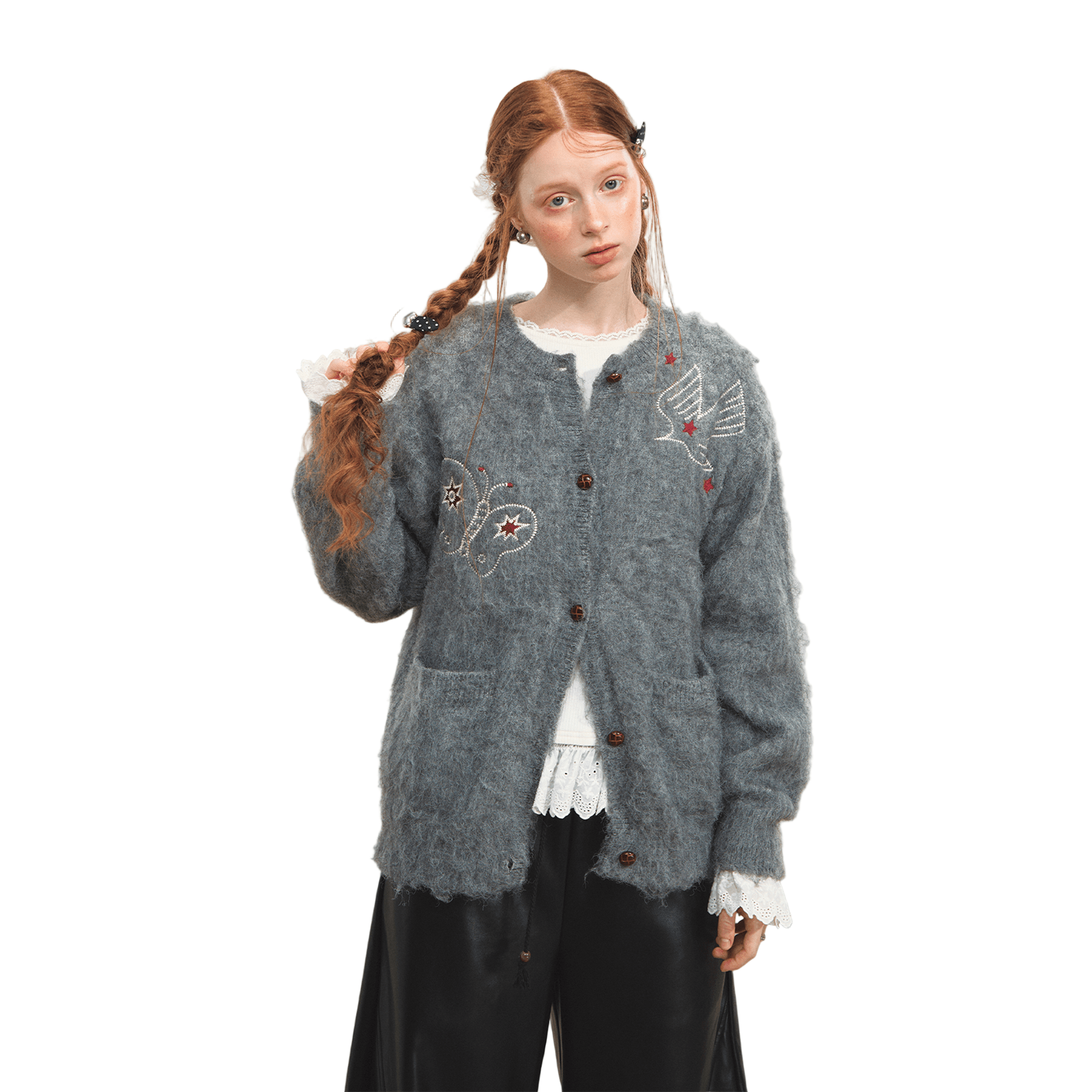 SOMESOWE Birds and Butterflies Cardigan Sweater In Gray | MADAX