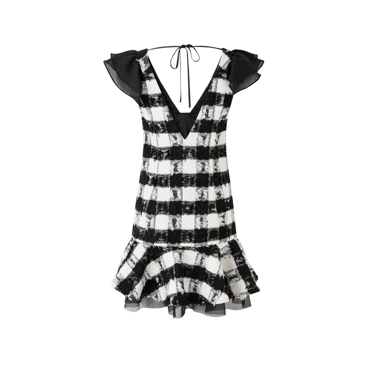 DIANA VEVINA Black and White Check Tweed Ruffle Neck Sleeveless Dress | MADA IN CHINA