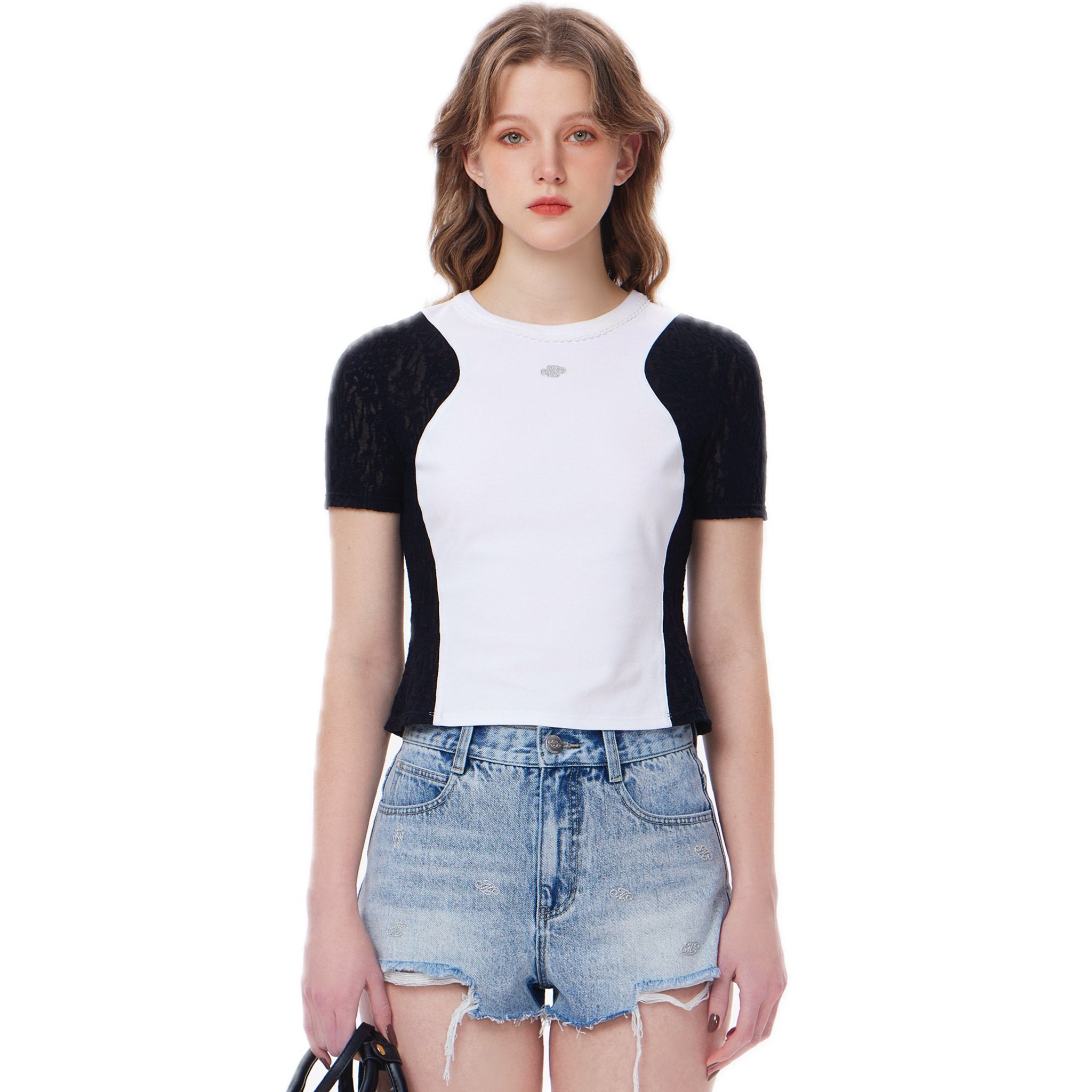 THREE QUARTERS Black And White Colorblocked Waist Cinching Athletic T - Shirt | MADA IN CHINA