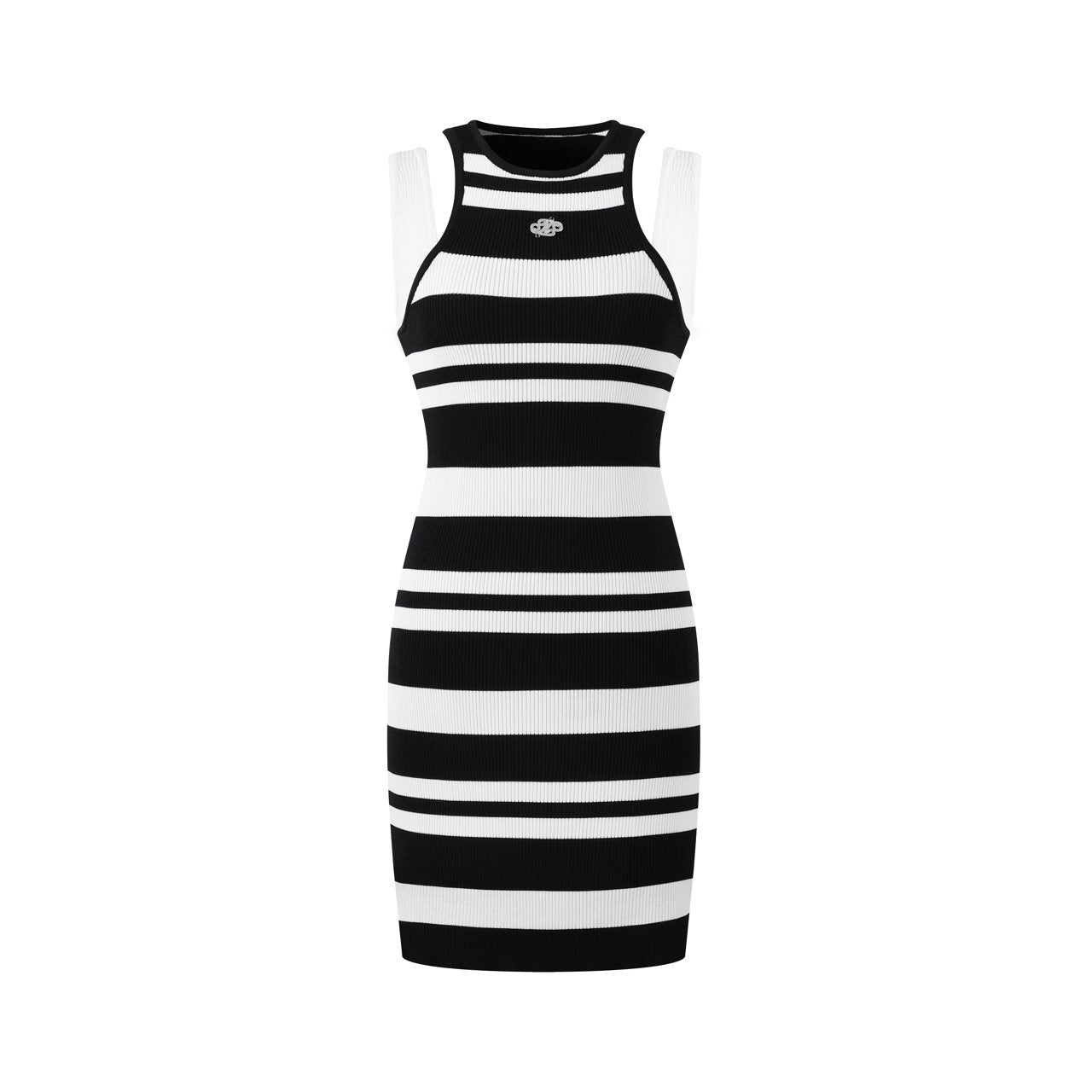 THREE QUARTERS Black and White Patchwork Sleeveless Striped Knit Dress | MADA IN CHINA