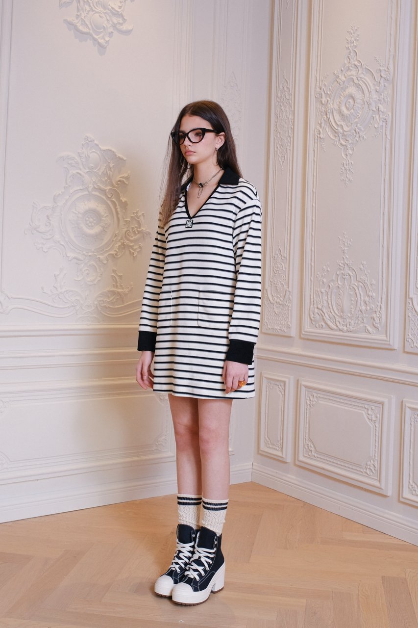 DIANA VEVINA Black and White Striped Knit V - Neck Dress | MADA IN CHINA