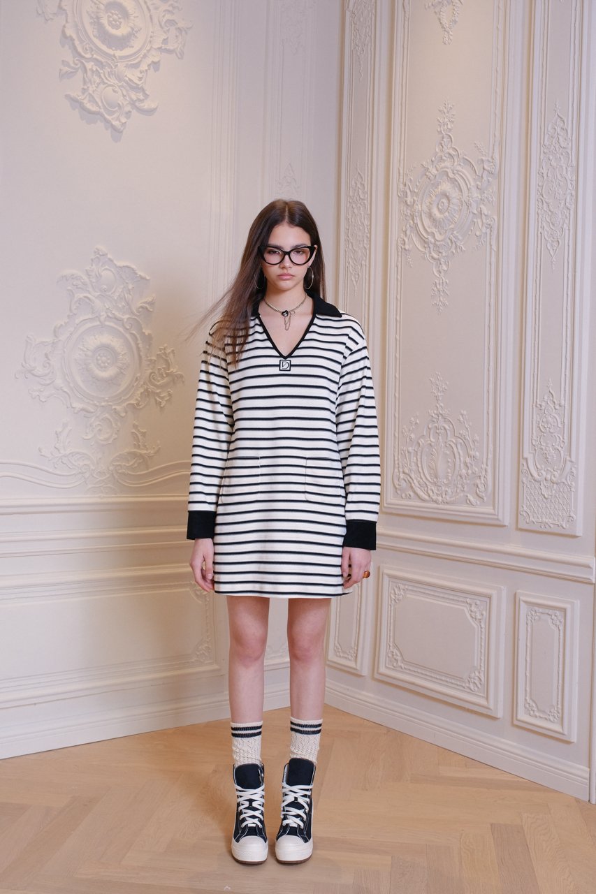 DIANA VEVINA Black and White Striped Knit V - Neck Dress | MADA IN CHINA