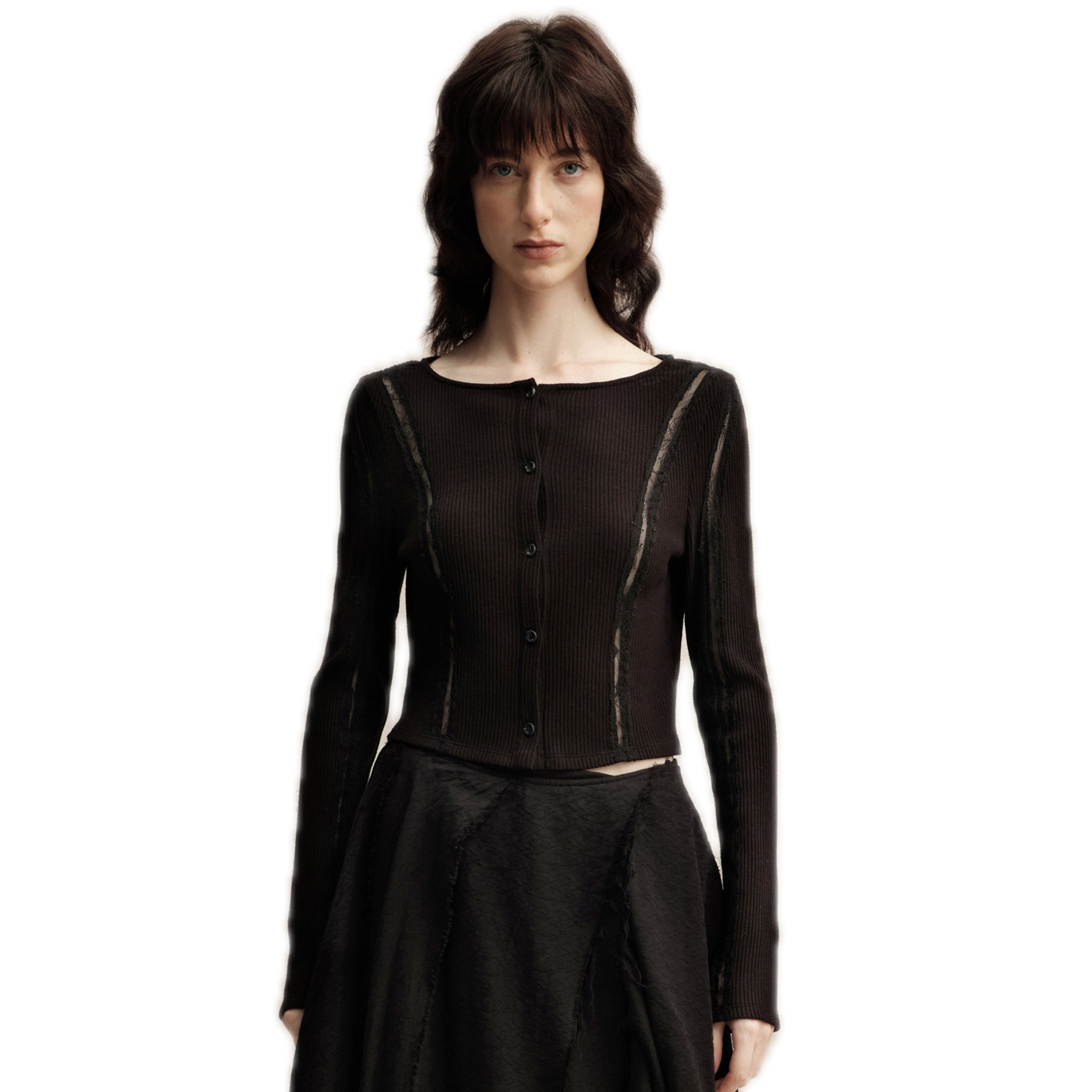 ELYWOOD Black Asymmetrical Lace Short Shirt | MADAX