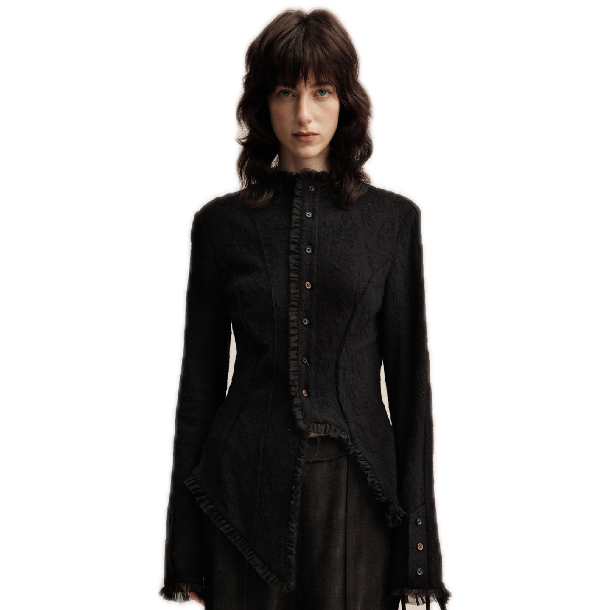 ELYWOOD Black Asymmetrical Wool Lace Shirt | MADAX