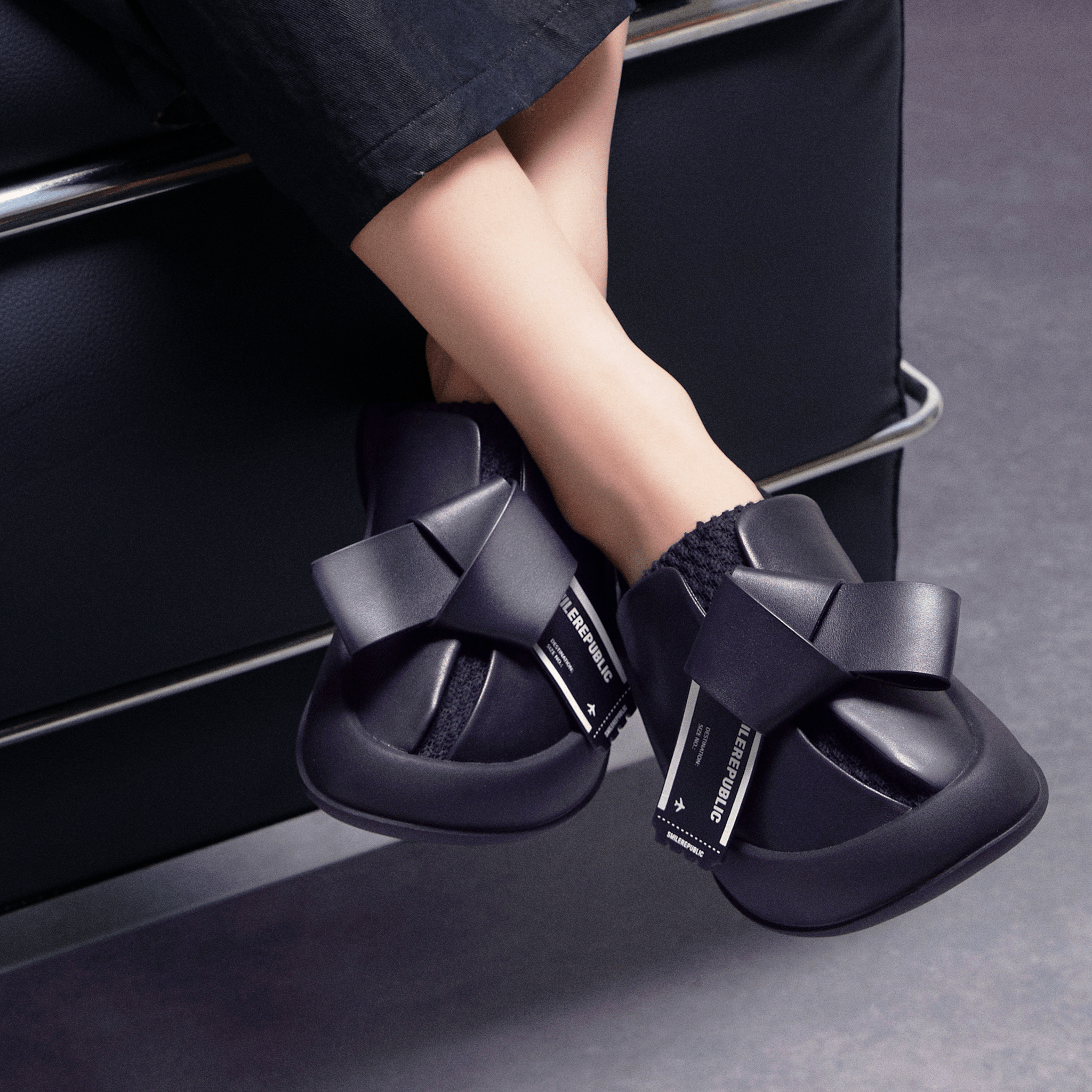 SMILEREPUBLIC Black Bow Square Buckle Thick - soled Half - slippers | MADAX