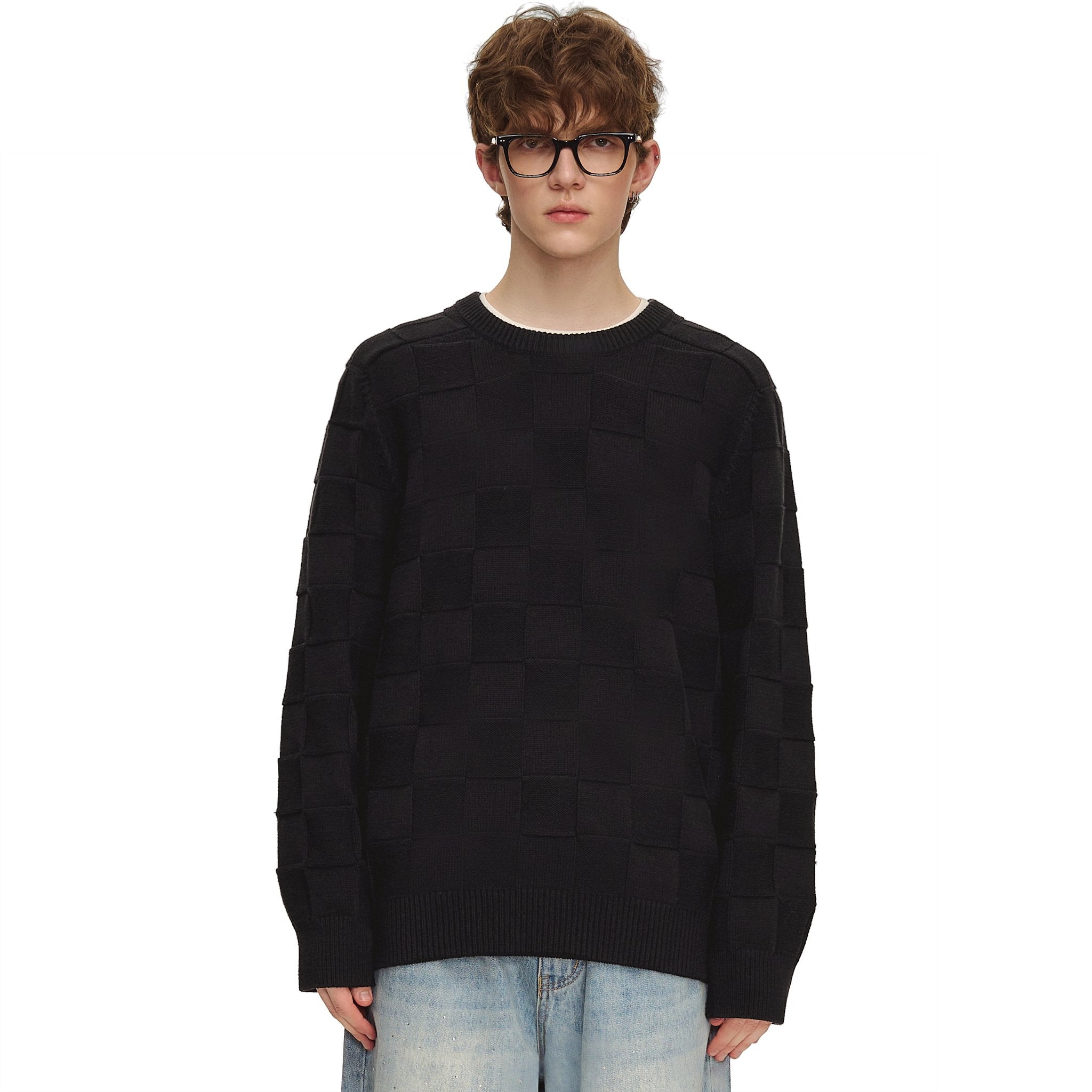 CLIMAX VISION Black Checkerboard Leather Patch Sweater | MADAX