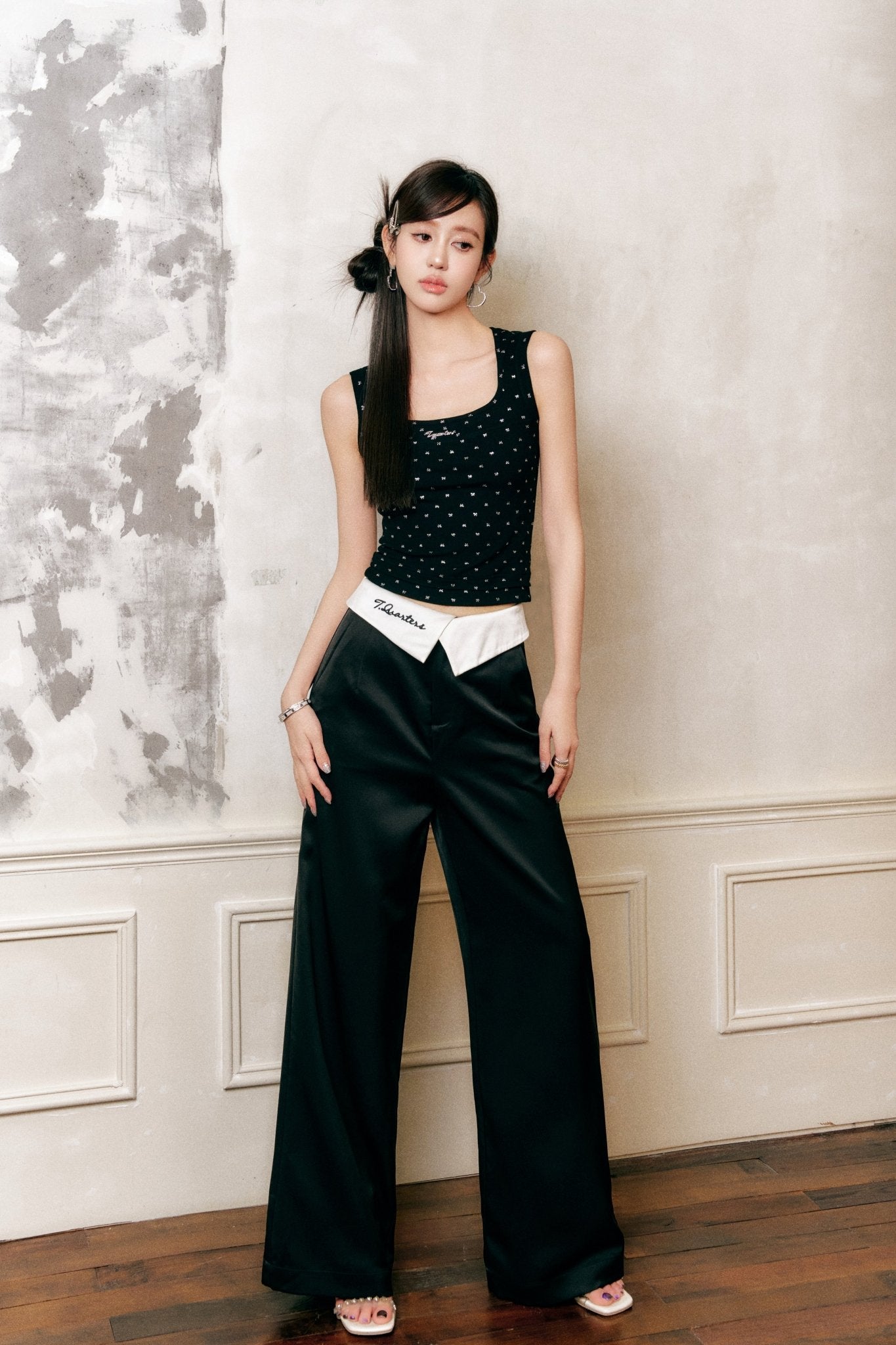 THREE QUARTERS Black Clash White Flip Front Logo Embroidered Satin Pants | MADA IN CHINA