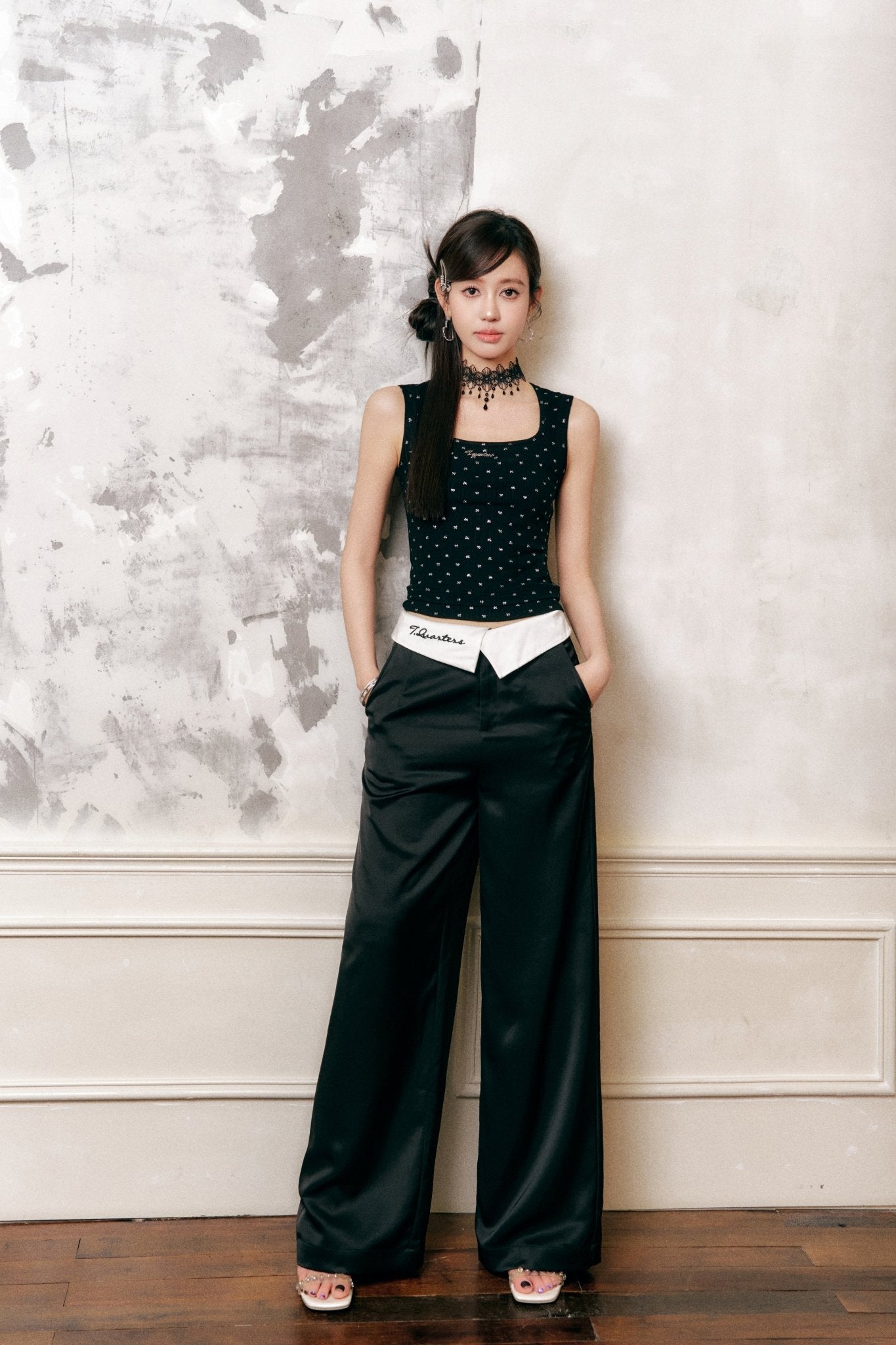 THREE QUARTERS Black Clash White Flip Front Logo Embroidered Satin Pants | MADA IN CHINA