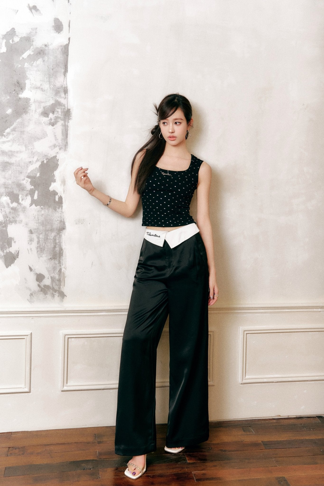 THREE QUARTERS Black Clash White Flip Front Logo Embroidered Satin Pants | MADA IN CHINA