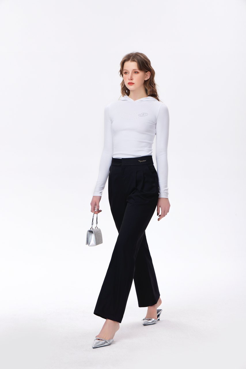 THREE QUARTERS Black Cropped Pleated Straight Leg Casual Pants | MADA IN CHINA