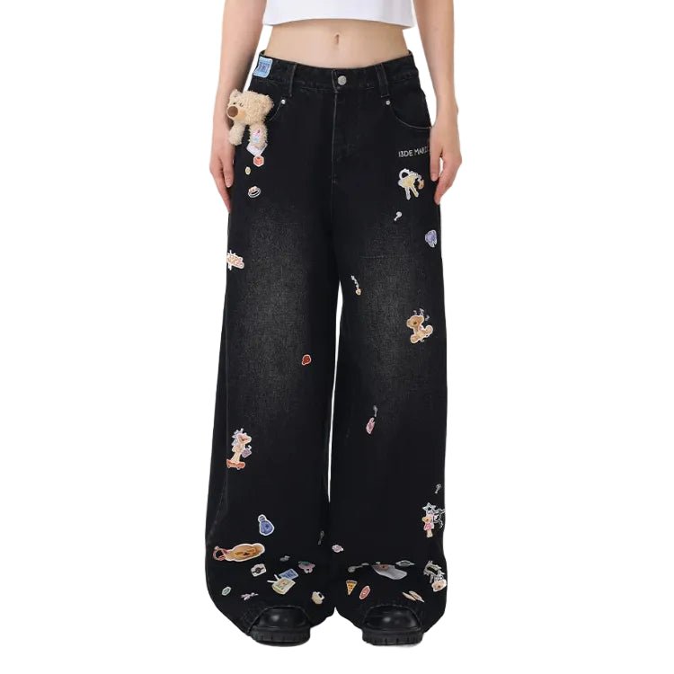 13DE MARZO Black Denim Sticker Bear Jeans | MADAX