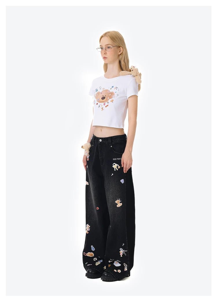 13DE MARZO Black Denim Sticker Bear Jeans | MADAX