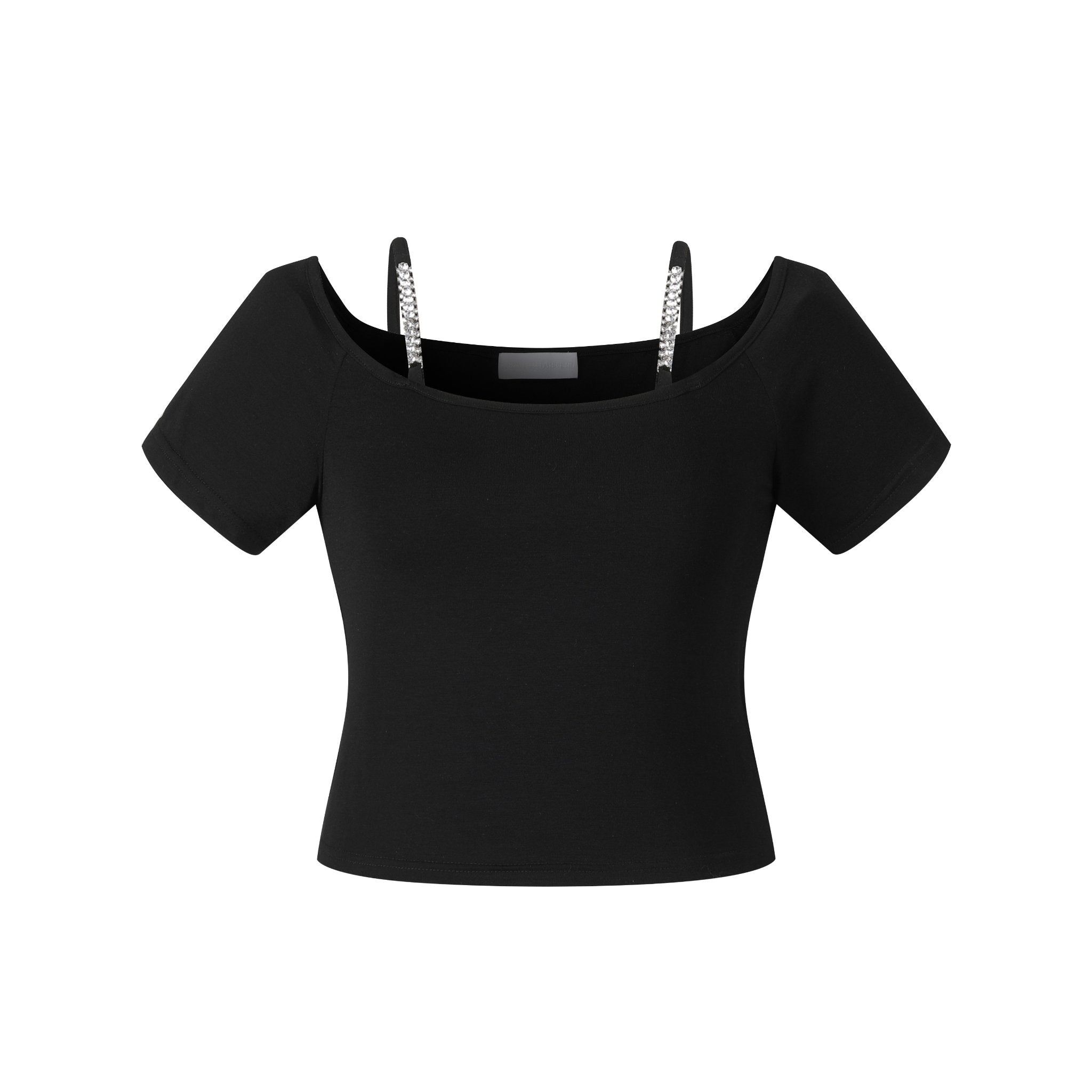 THREE QUARTERS Black Drill Chain Strapless Slimming Top Short Sleeve | MADA IN CHINA