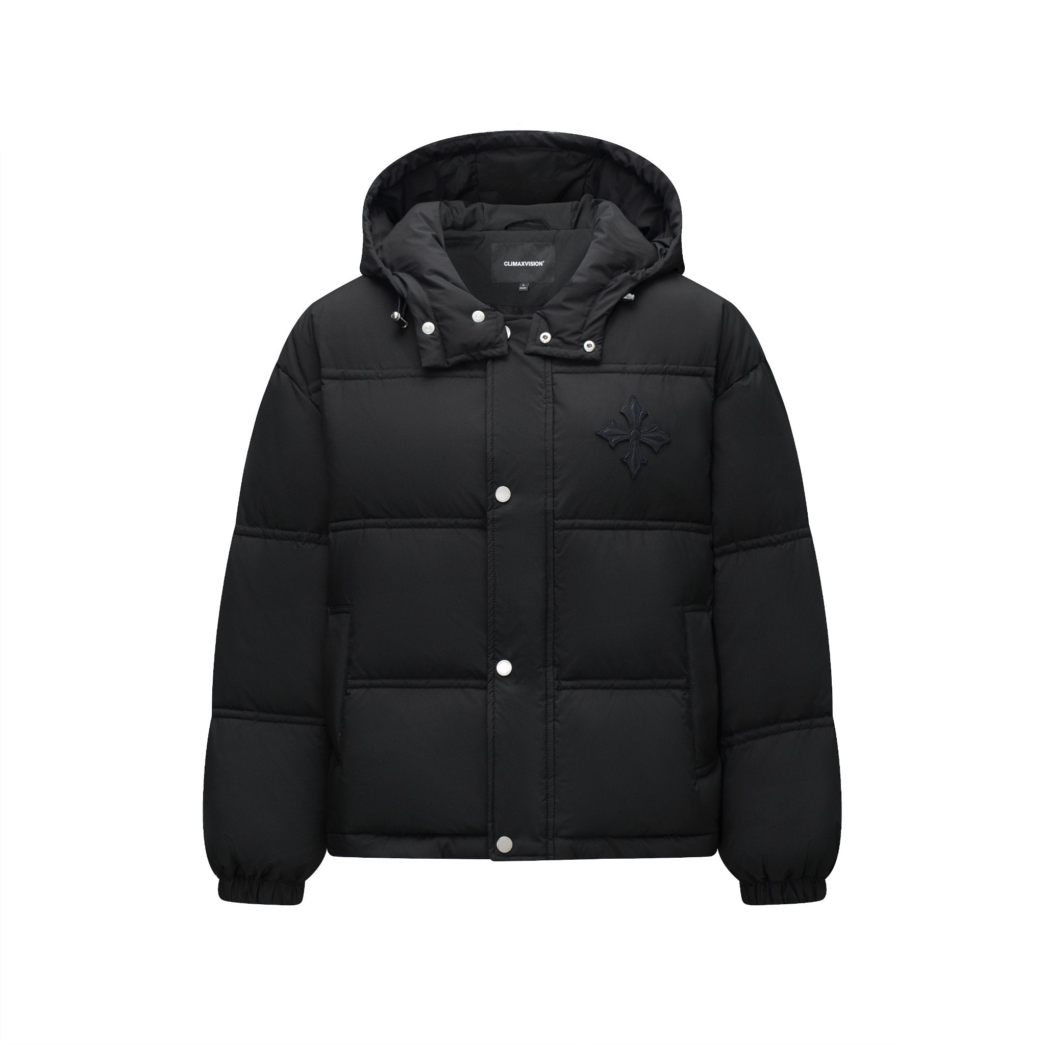 CLIMAX VISION Black Embroidered Hooded Warm Puffer Jacket | MADAX