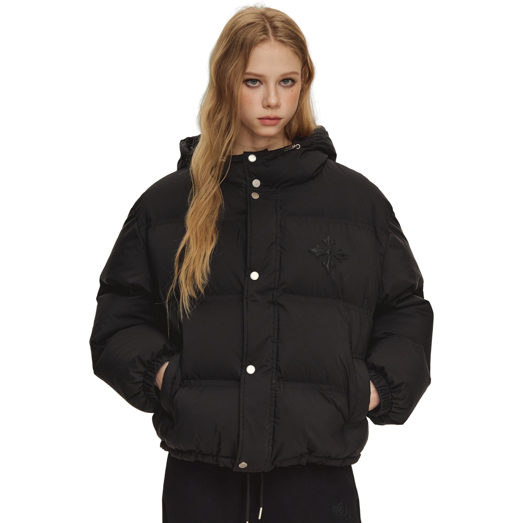 CLIMAX VISION Black Embroidered Hooded Warm Puffer Jacket | MADAX