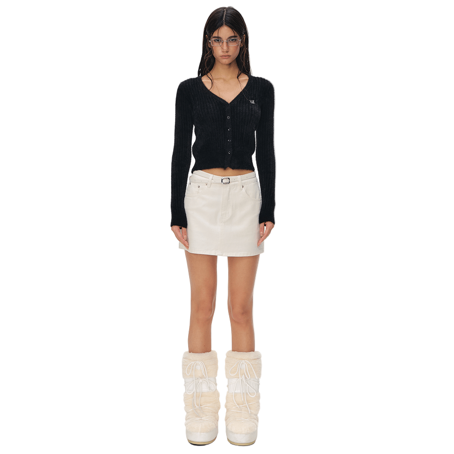 CLIMAX VISION Black Faux Mink V - neck Ribbed Knit Cardigan | MADAX