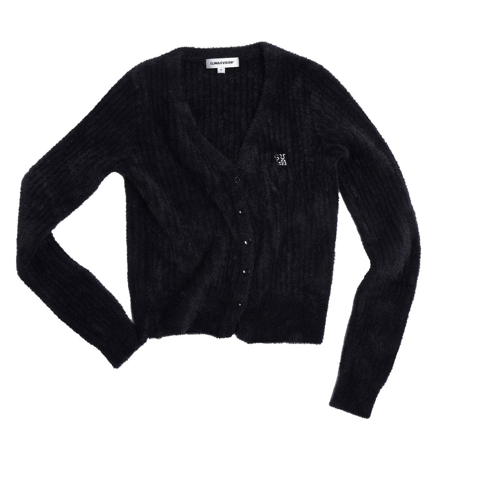 CLIMAX VISION Black Faux Mink V - neck Ribbed Knit Cardigan | MADAX