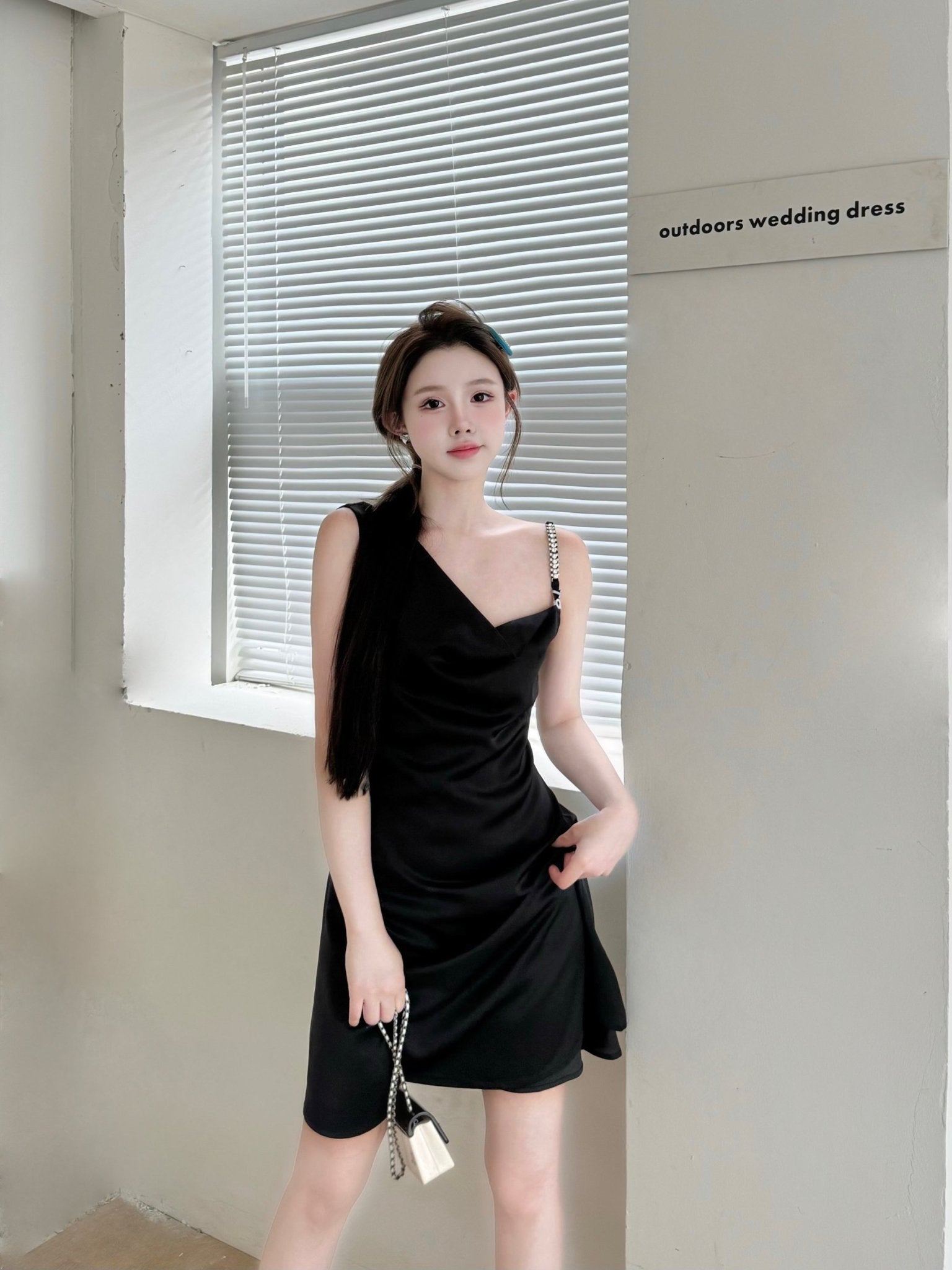 THREE QUARTERS Black Halter Diamond Chain Satin Dress | MADA IN CHINA