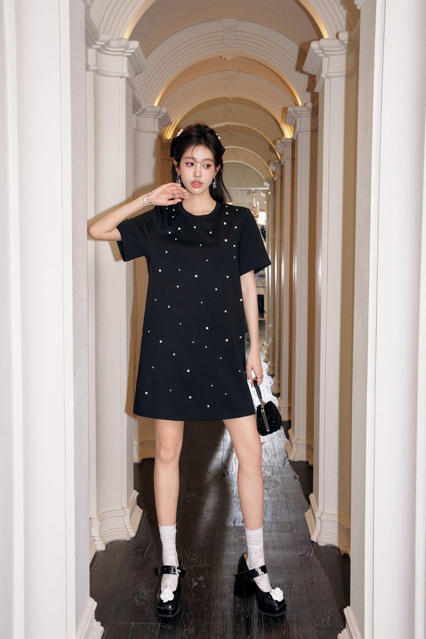 THREE QUARTERS Black Heavy Beaded Short Sleeve Dress | MADA IN CHINA