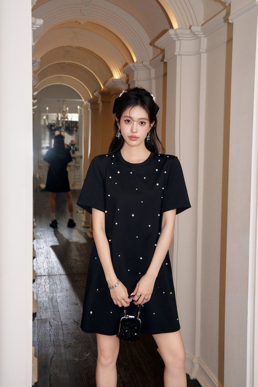 Black Heavy Beaded Short Sleeve Dress