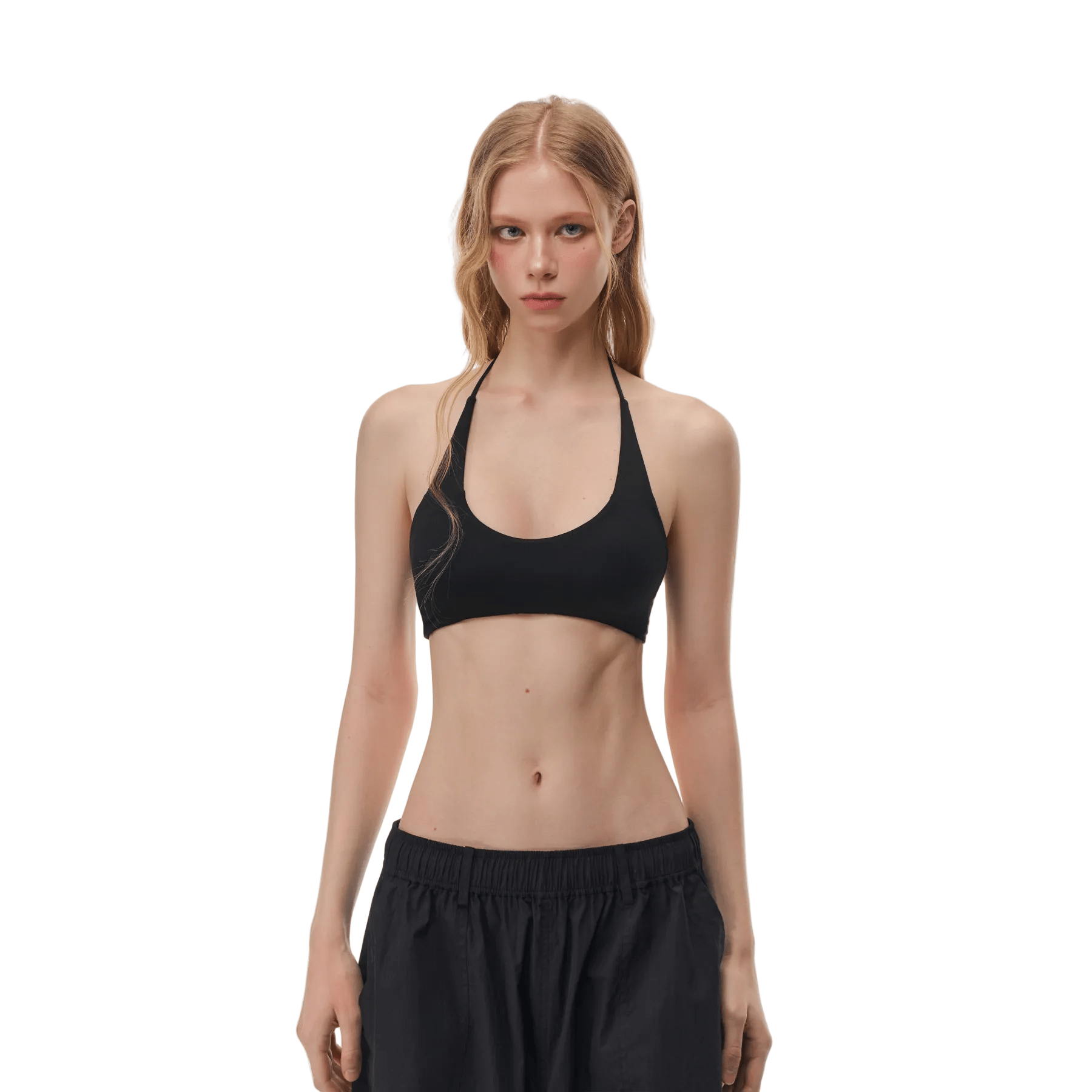 CLIMAX VISION Black High Elastic Halter Neck Tie - up Built - in Bra Tank Top | MADAX
