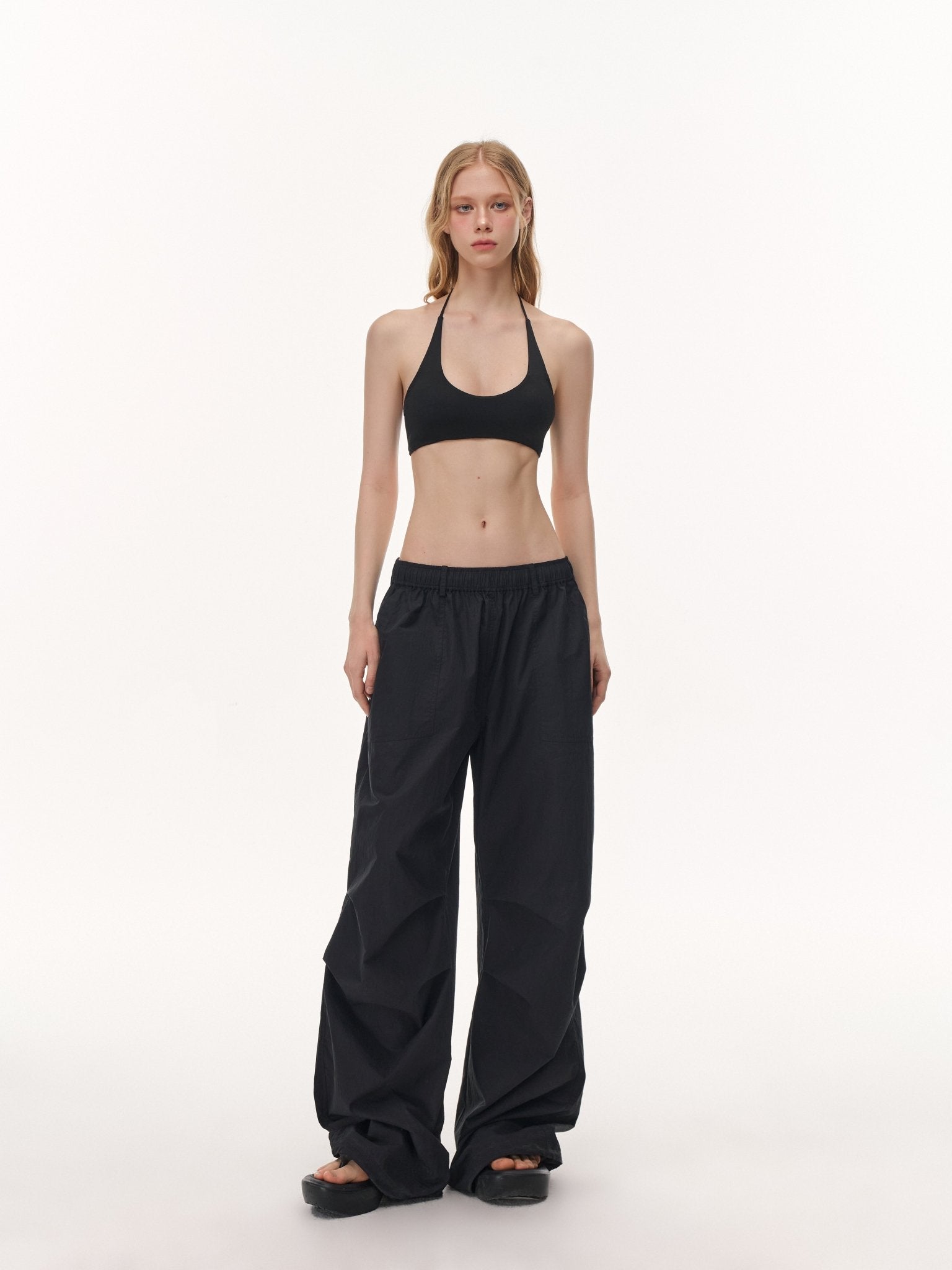 CLIMAX VISION Black High Elastic Halter Neck Tie - up Built - in Bra Tank Top | MADAX