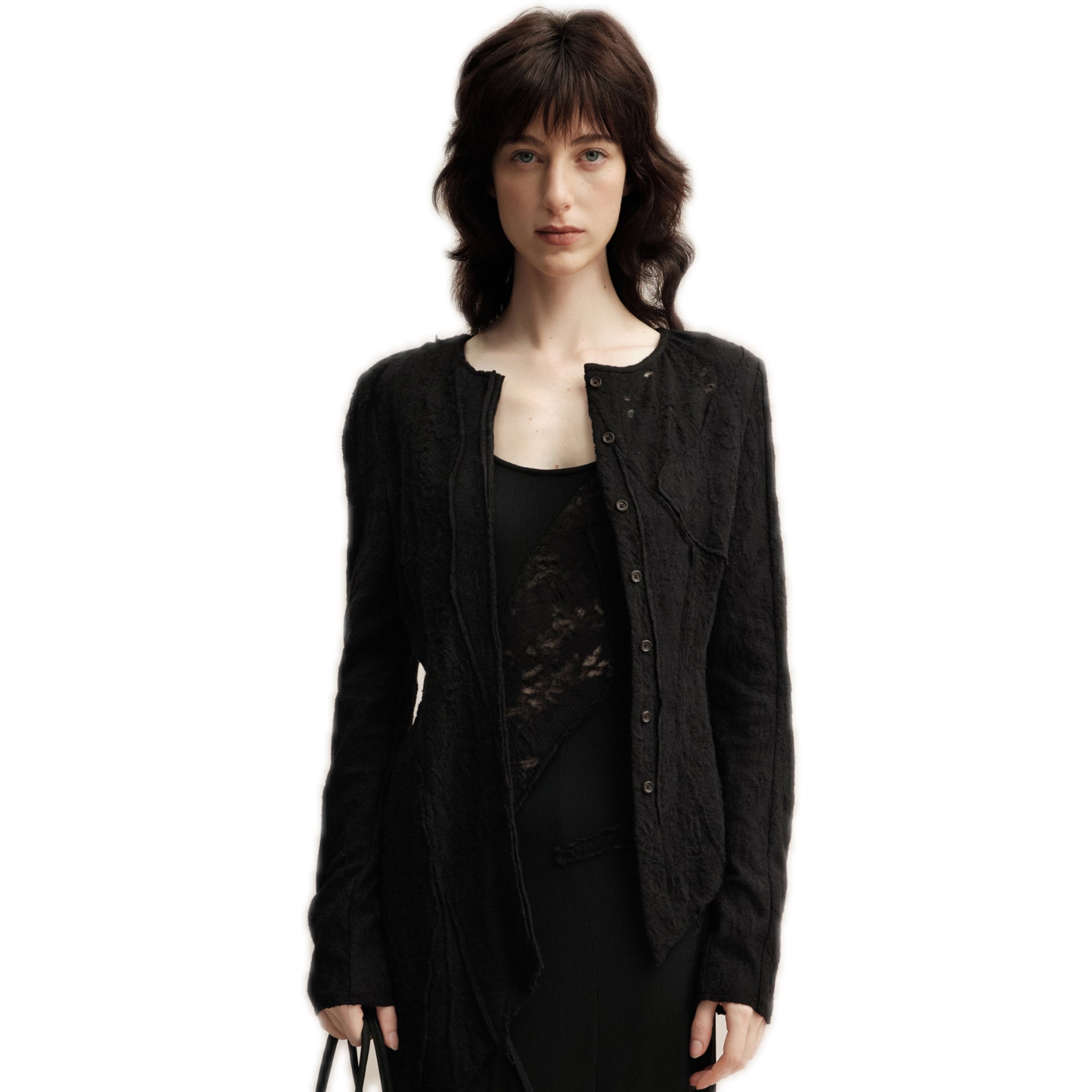 ELYWOOD Black Hollow Lace Wool Cardigan | MADAX