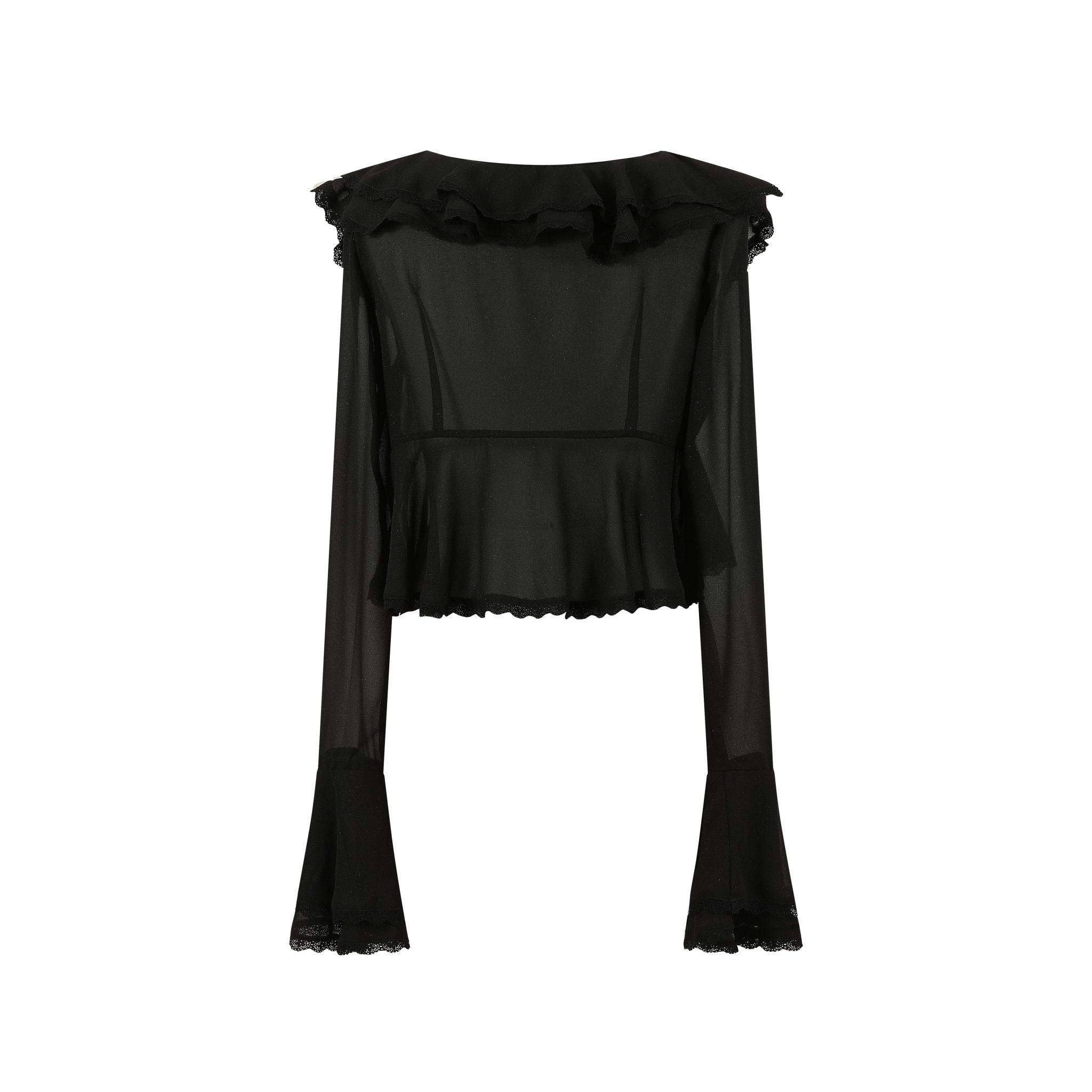 THREE QUARTERS Black Lace Lace Ruffle Neck Blouse | MADA IN CHINA